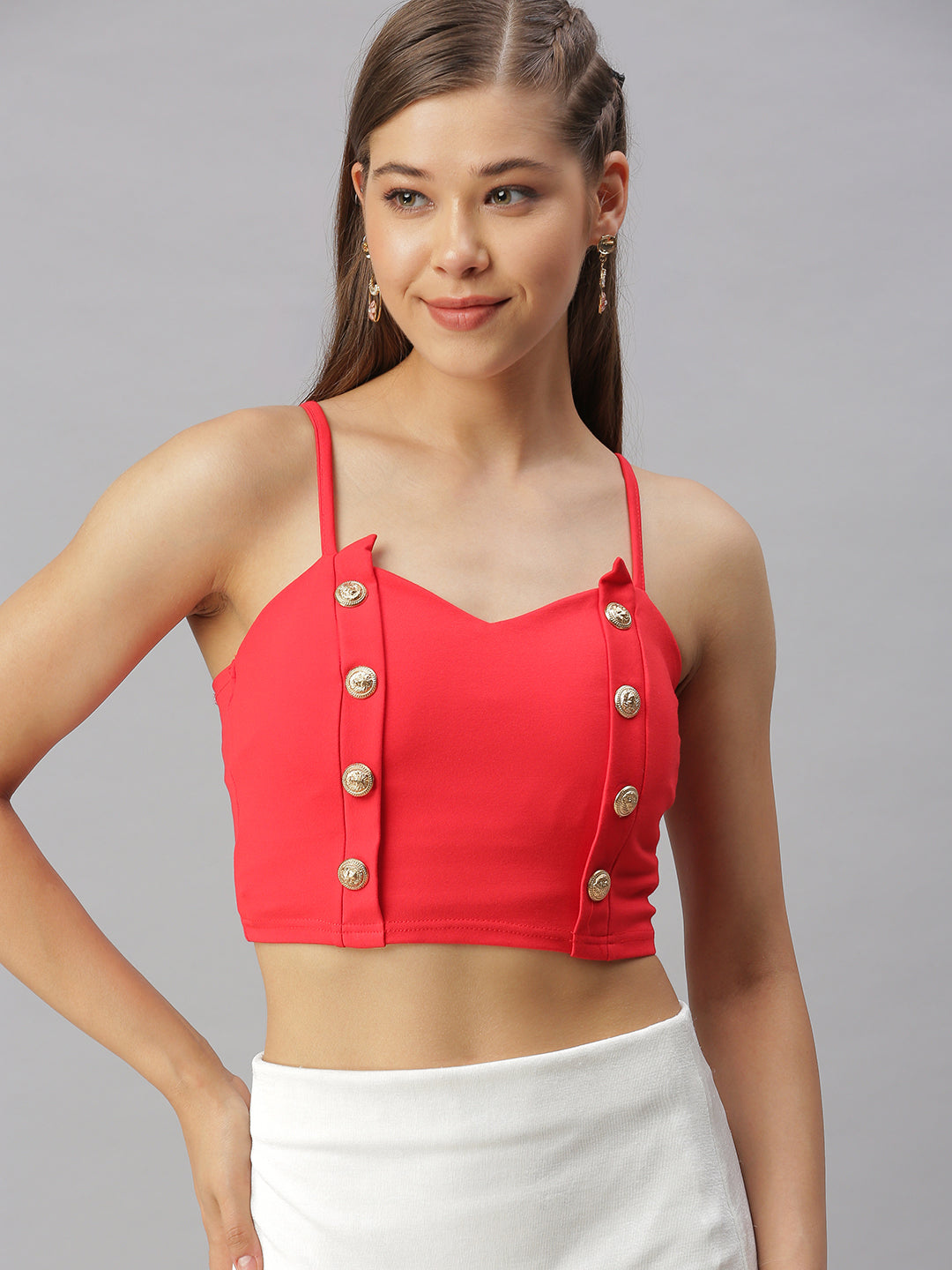 Women Sweetheart Neck Solid Red Fitted Top