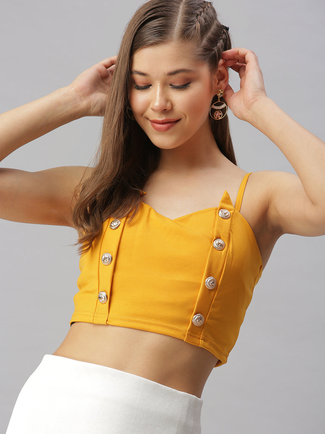 Women Sweetheart Neck Solid Yellow Fitted Top