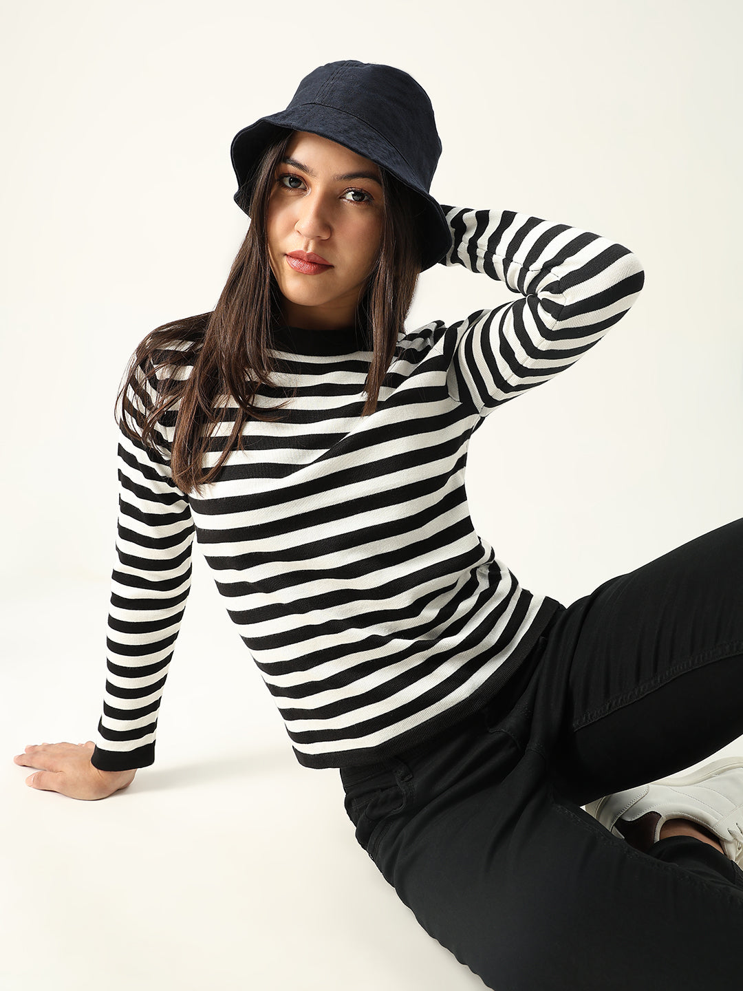 Women Striped Black Top