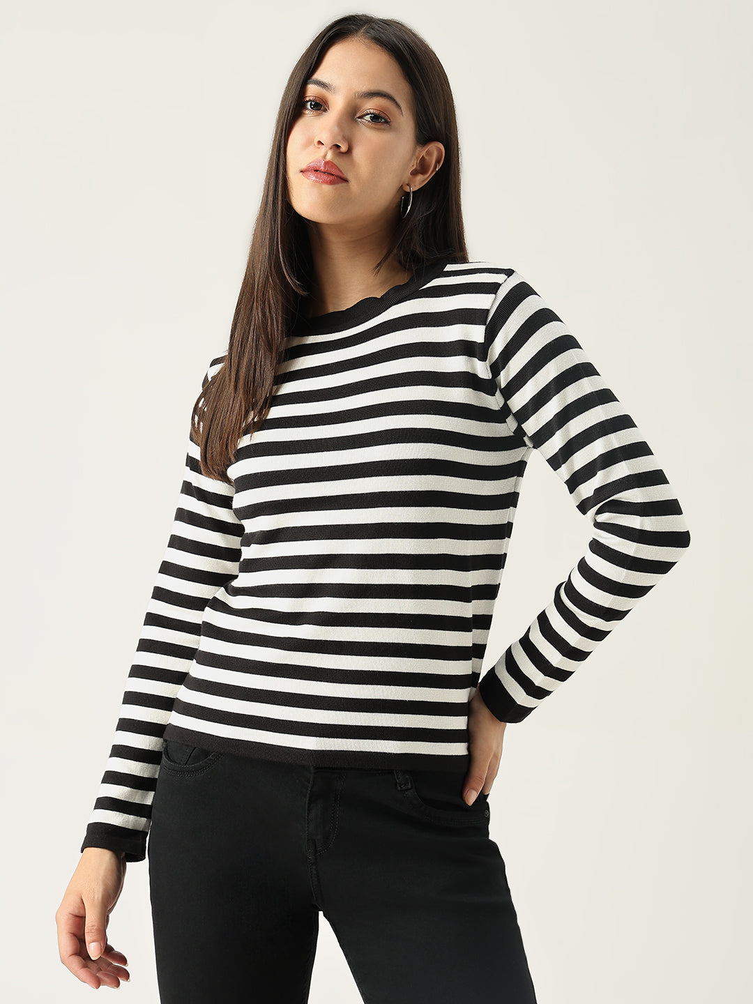 Women Striped Black Top