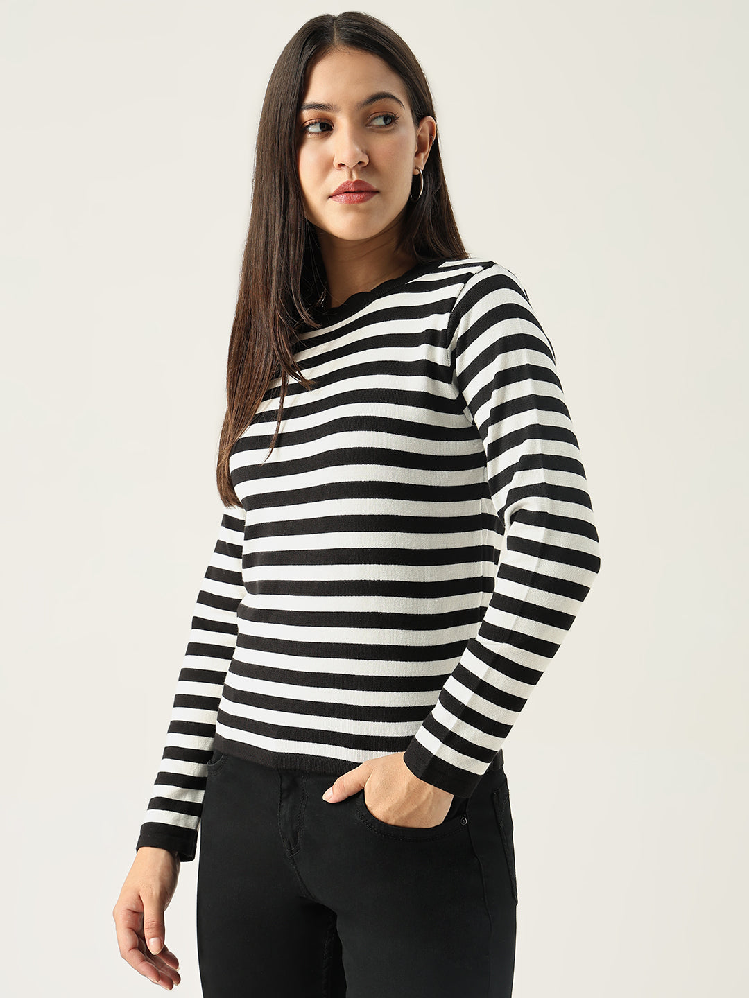 Women Striped Black Top