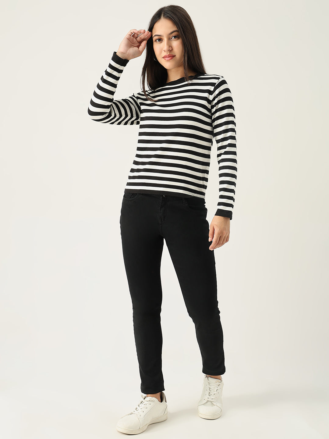 Women Striped Black Top