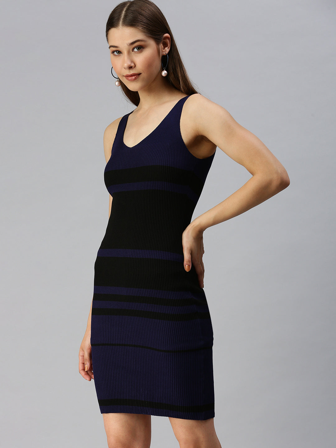 Women V-Neck Striped Bodycon Navy Blue Dress