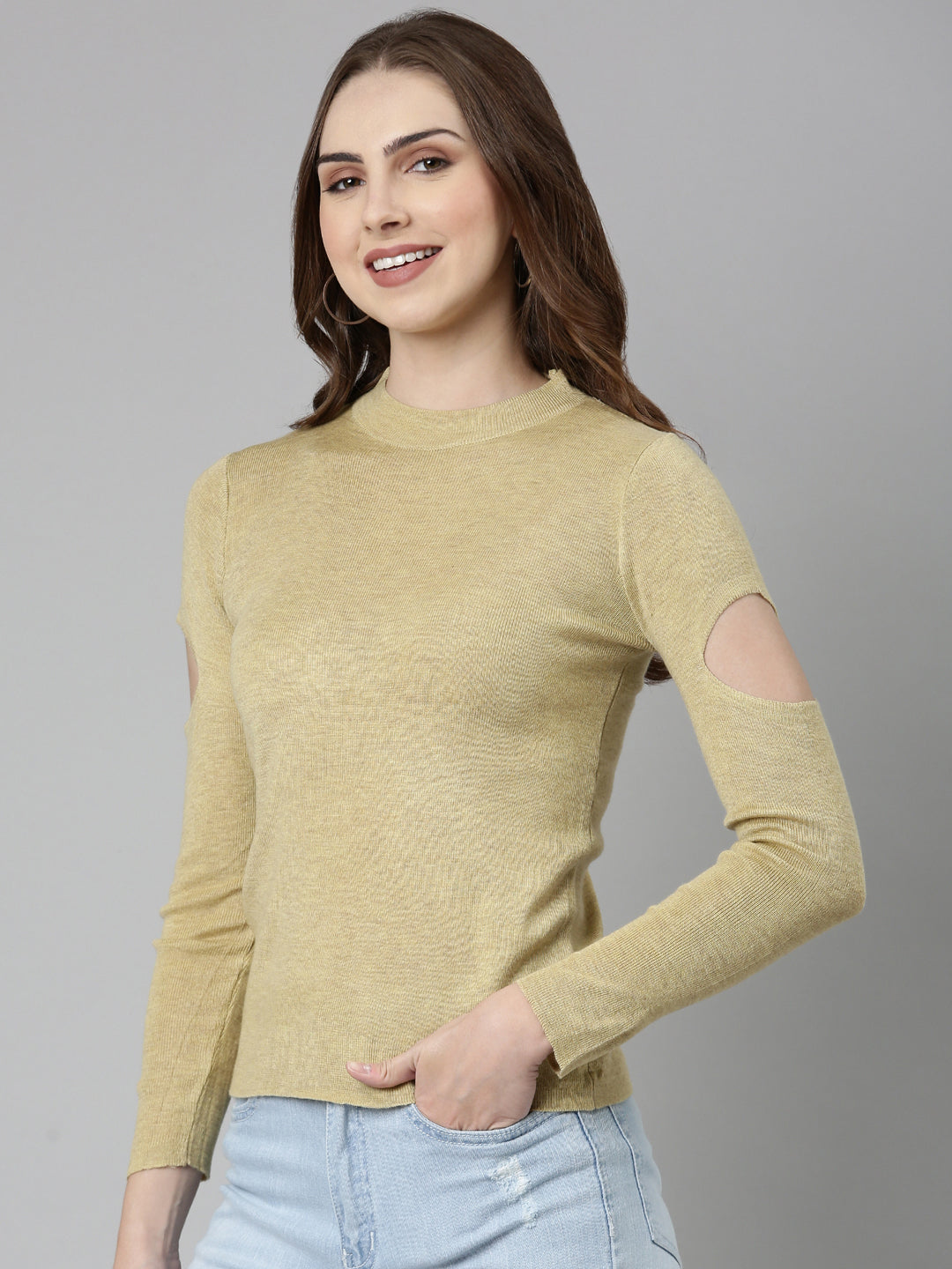 Women High Neck Solid Beige Fitted Top