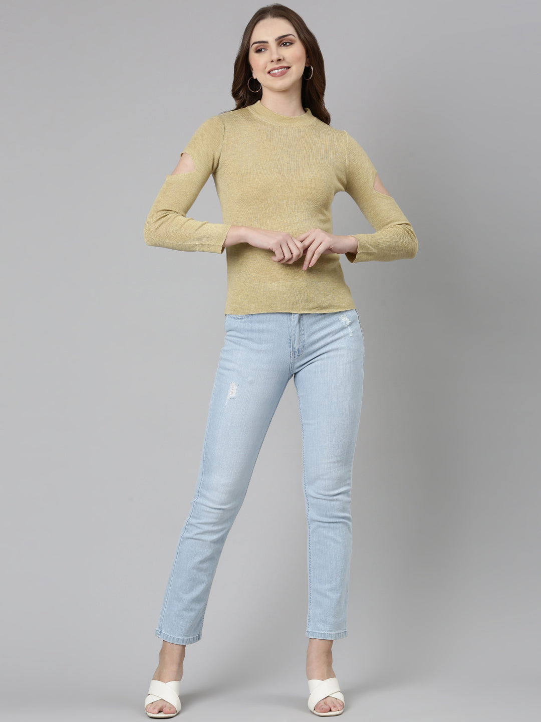 Women High Neck Solid Beige Fitted Top