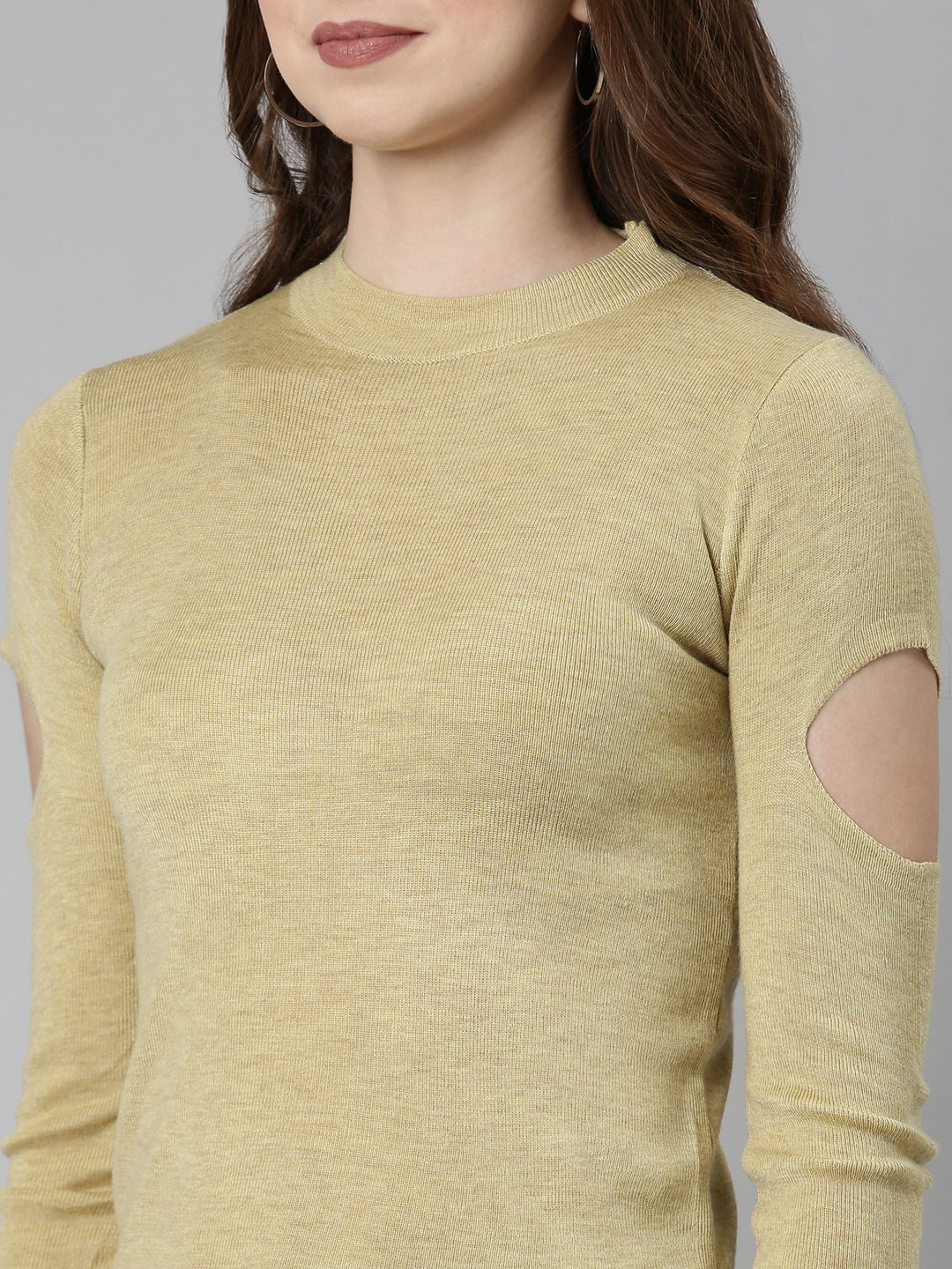 Women High Neck Solid Beige Fitted Top
