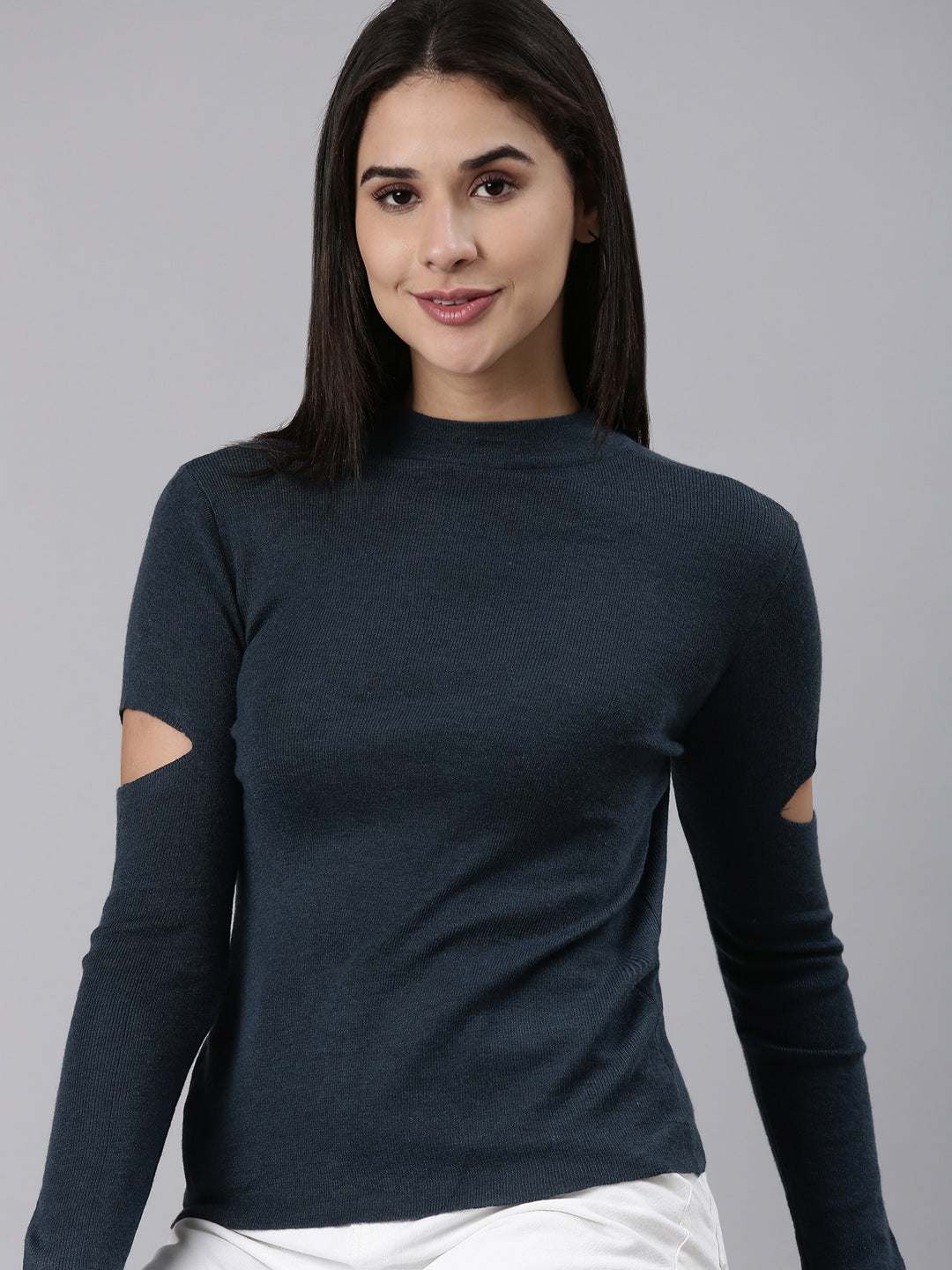 Women High Neck Solid Teal Fitted Top
