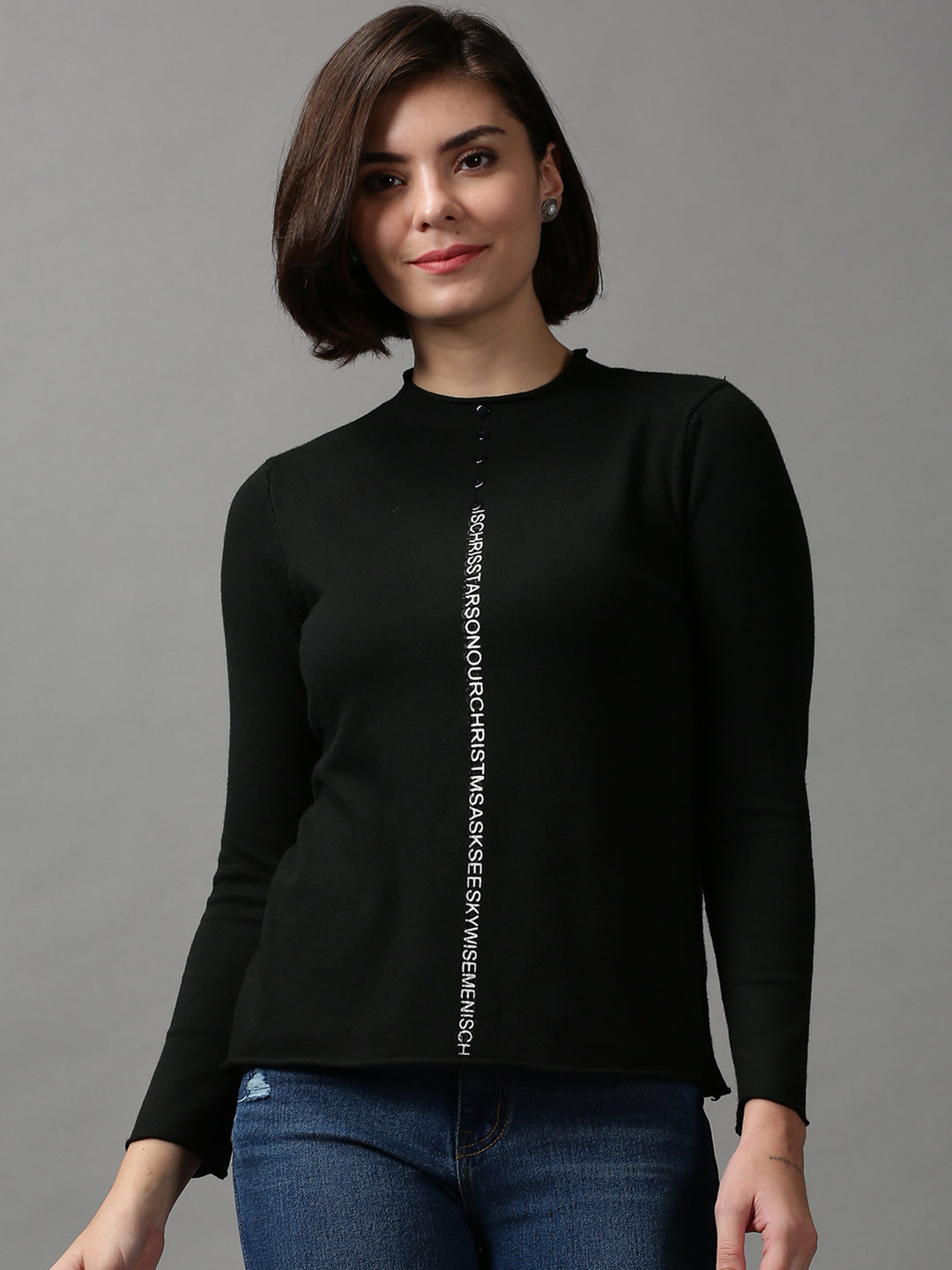 Women Solid Black Sweater