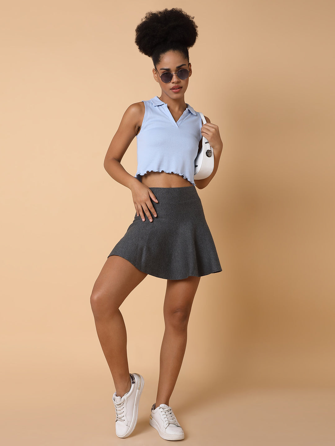 Women Solid Grey Flared Mini Skirt