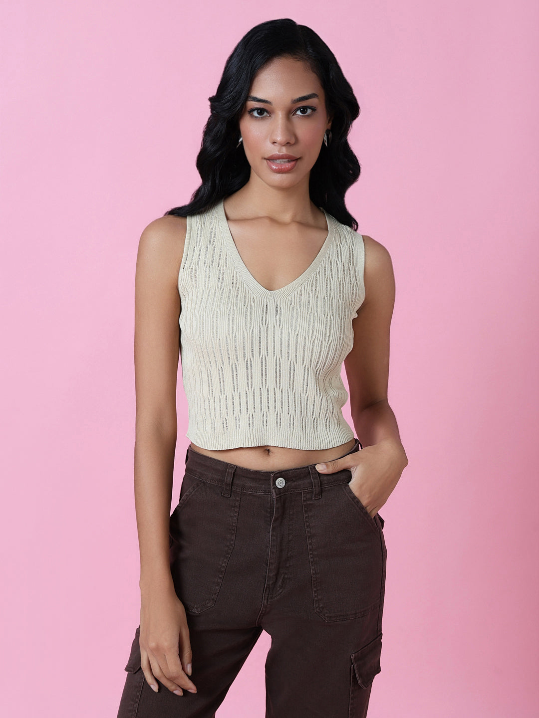 Women Beige Solid Crochet Crop Top