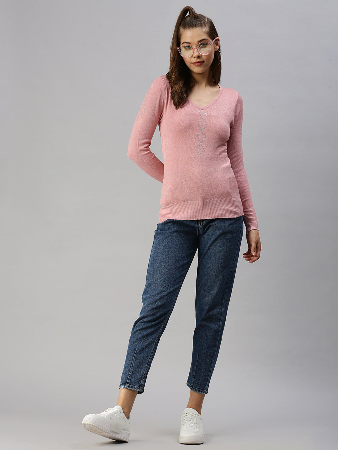 Women V-Neck Solid Taupe Fitted Top