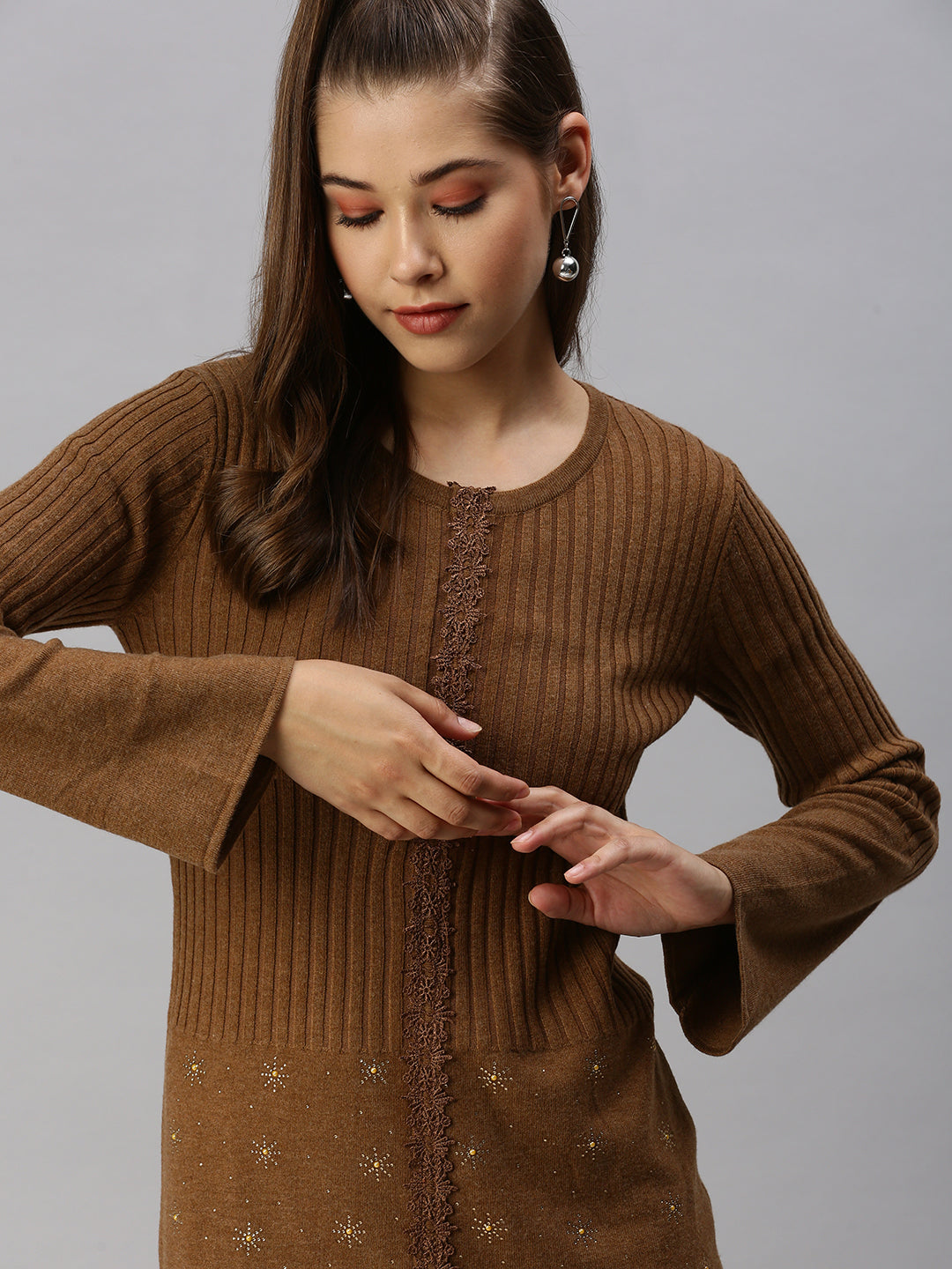 Women Solid Camel Brown Fitted Top