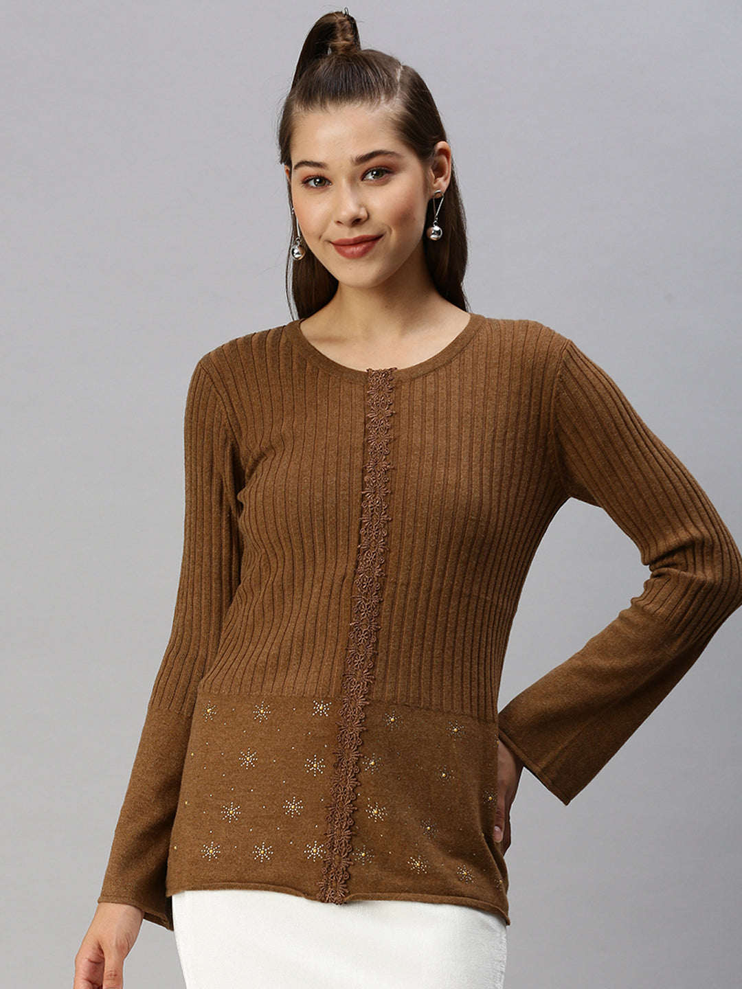 Women Solid Camel Brown Fitted Top