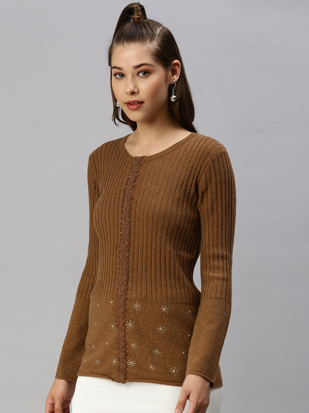 Women Solid Camel Brown Fitted Top