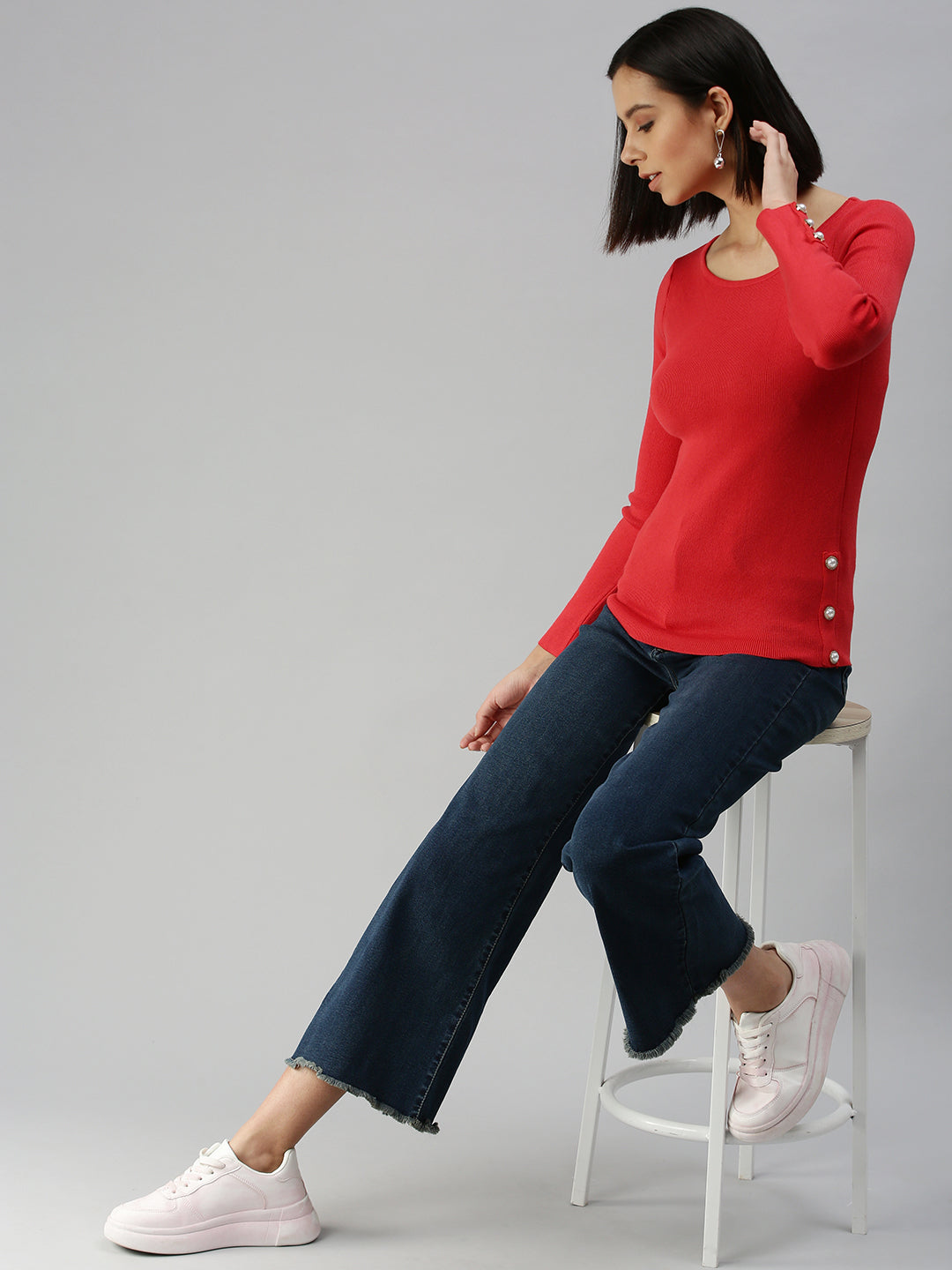 Women Boat Neck Solid Red Fitted Top