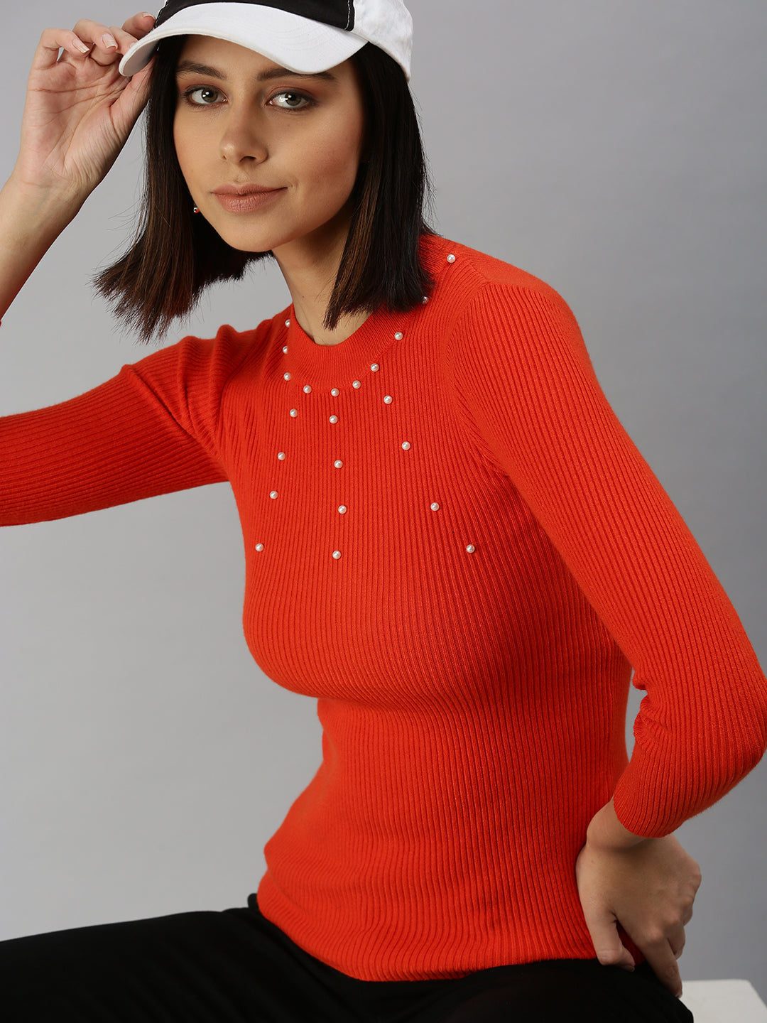 Women High Neck Solid Orange Fitted Top