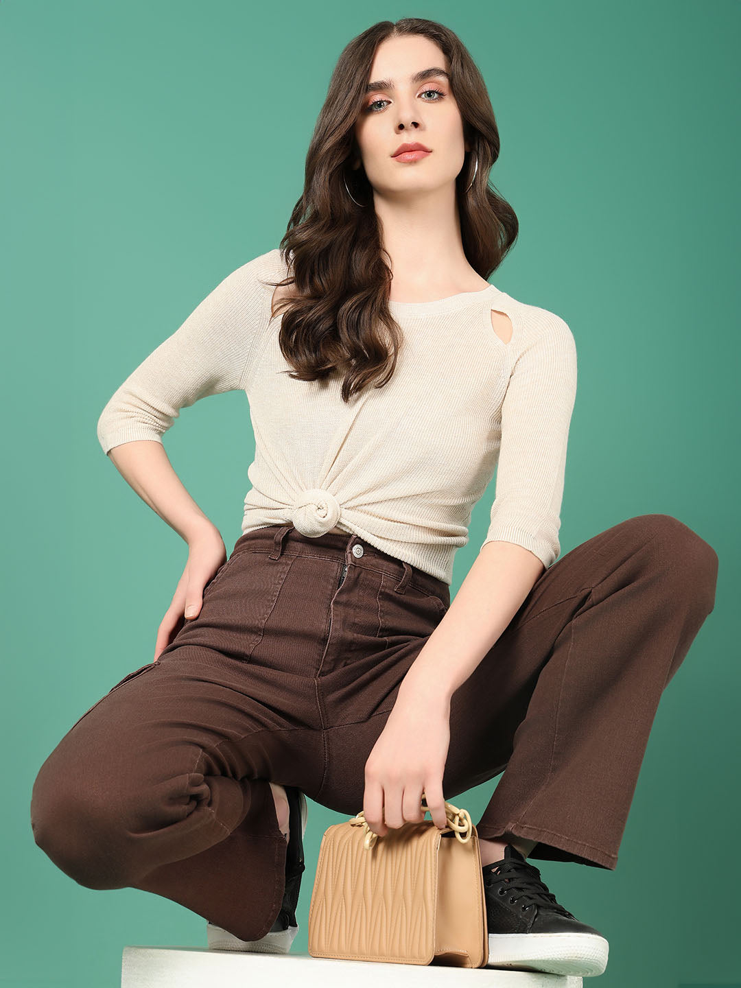 Women Beige Solid Fitted Top