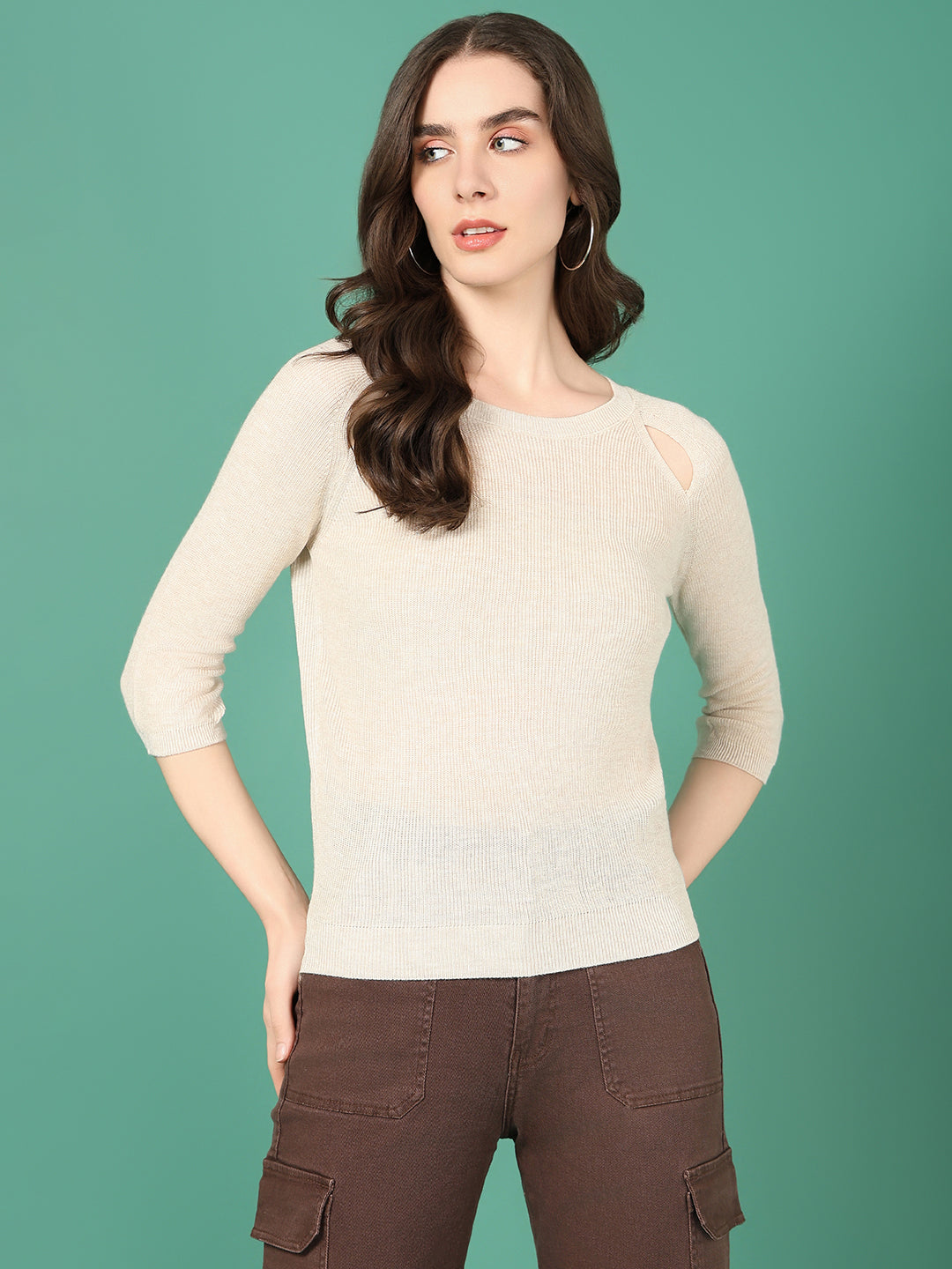 Women Beige Solid Fitted Top