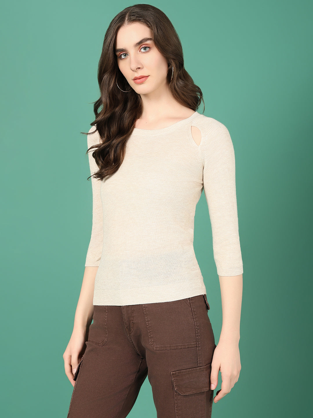 Women Beige Solid Fitted Top