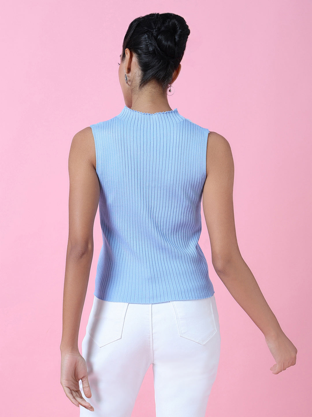 Women Blue Solid Fitted Top