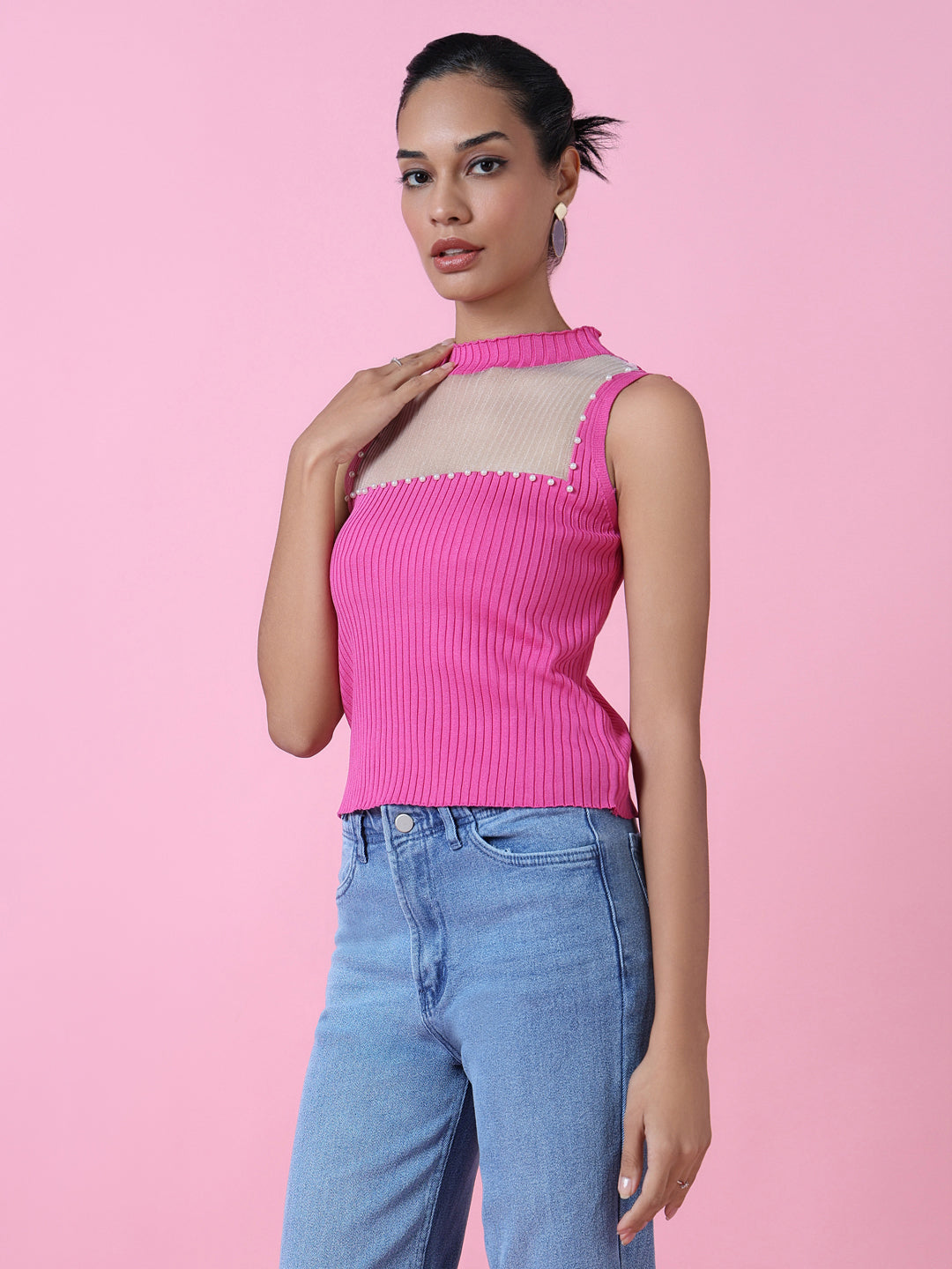 Women Pink Solid Fitted Top