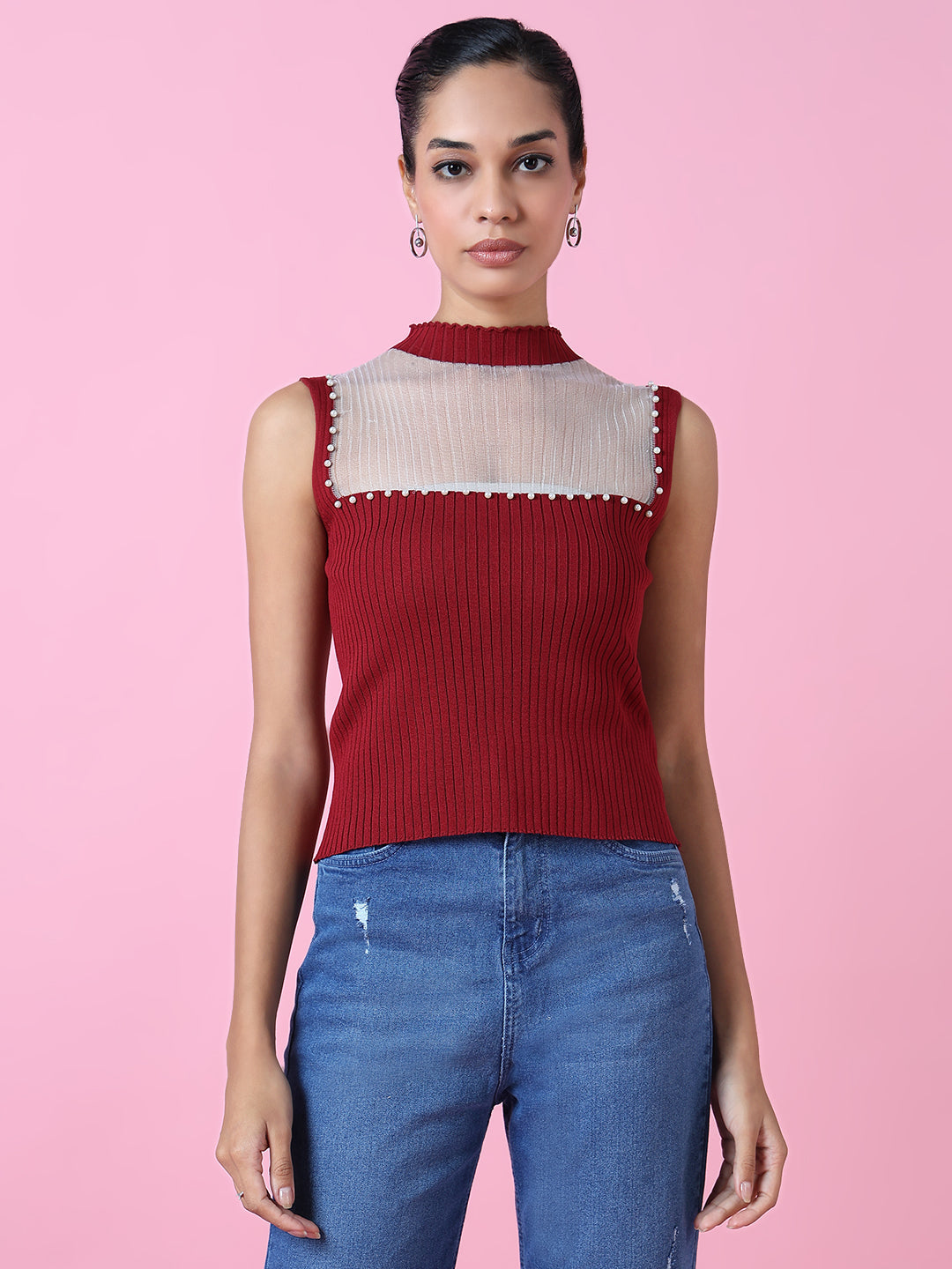 Women Red Solid Fitted Top