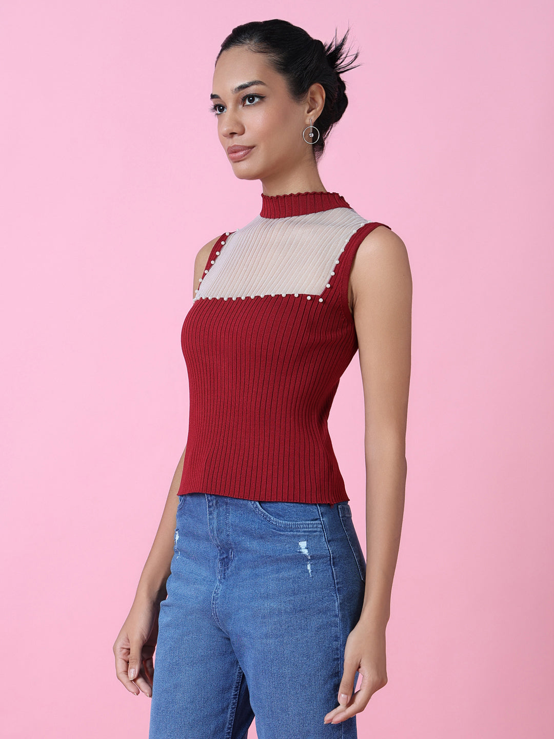 Women Red Solid Fitted Top