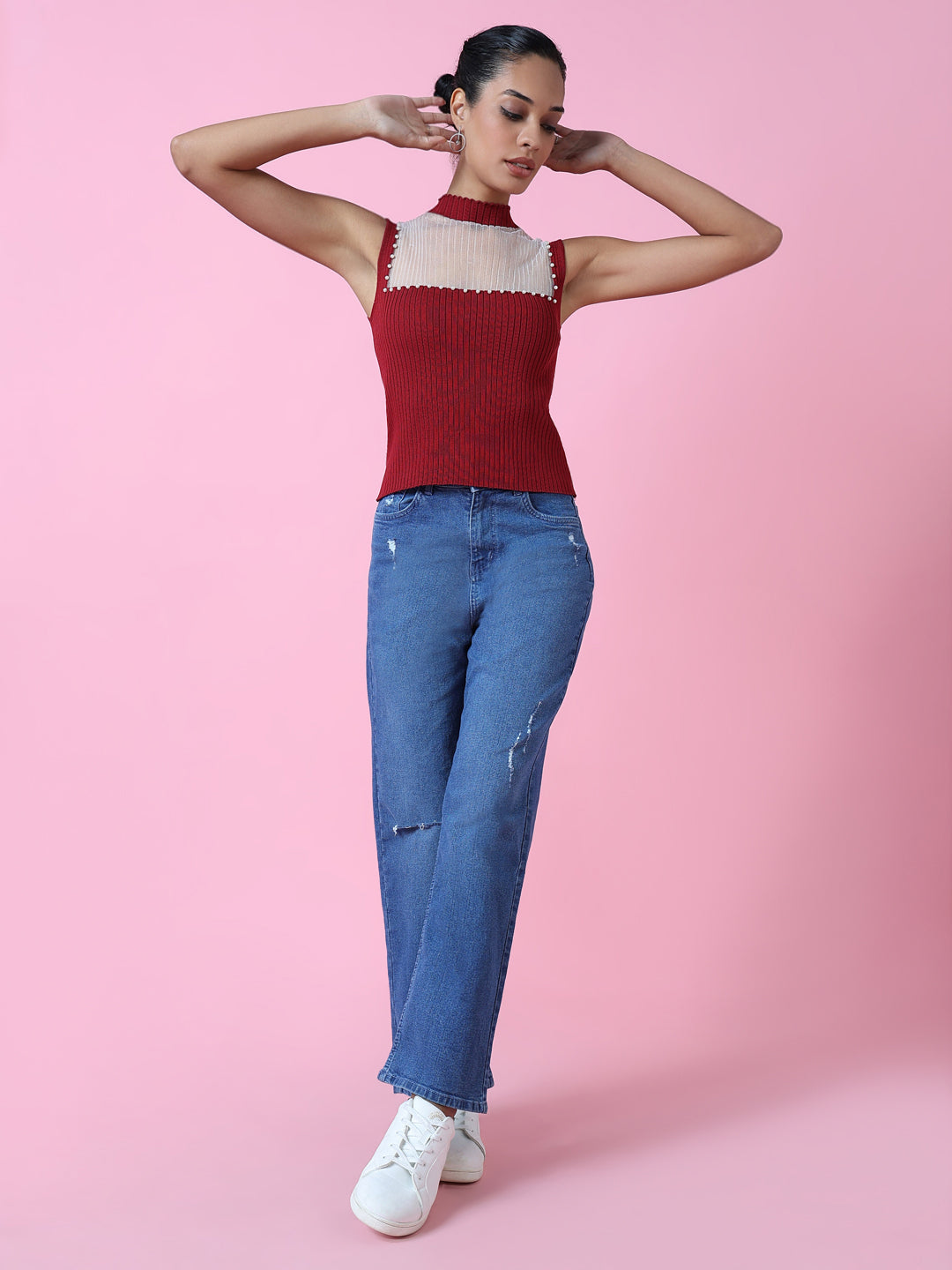 Women Red Solid Fitted Top