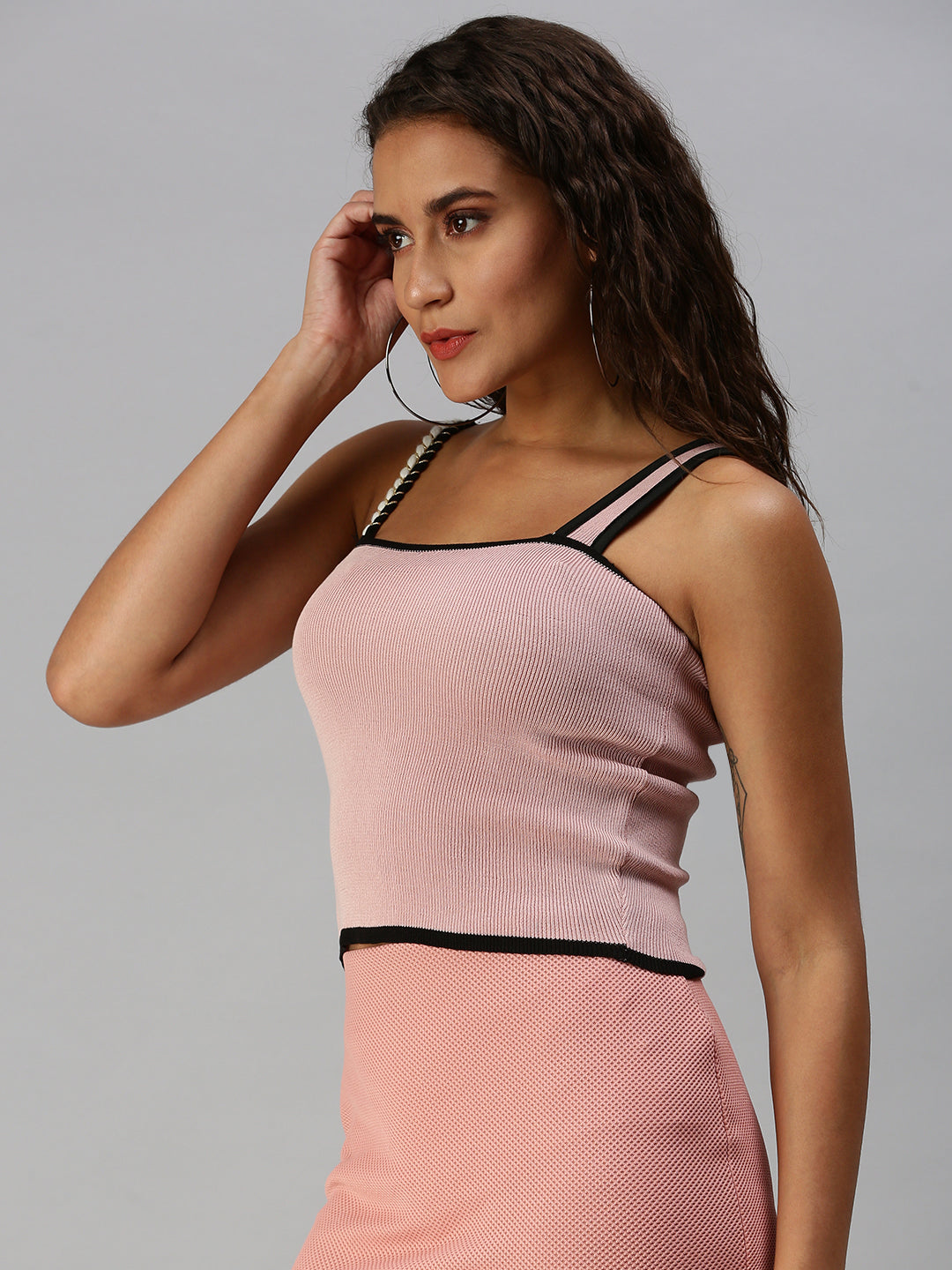 Women Shoulder Straps Solid Mauve Fitted Top