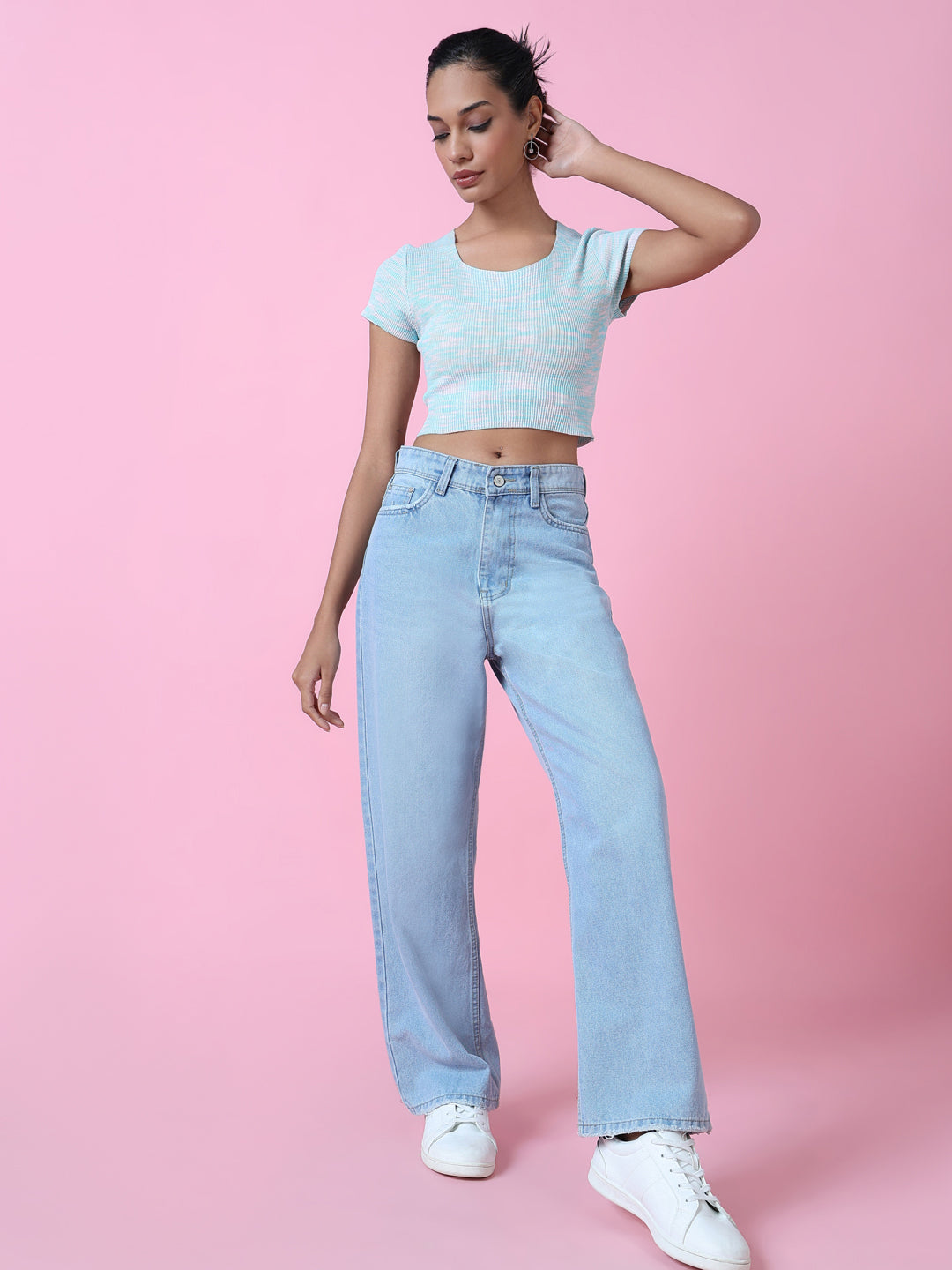 Women Blue Solid Crop Top