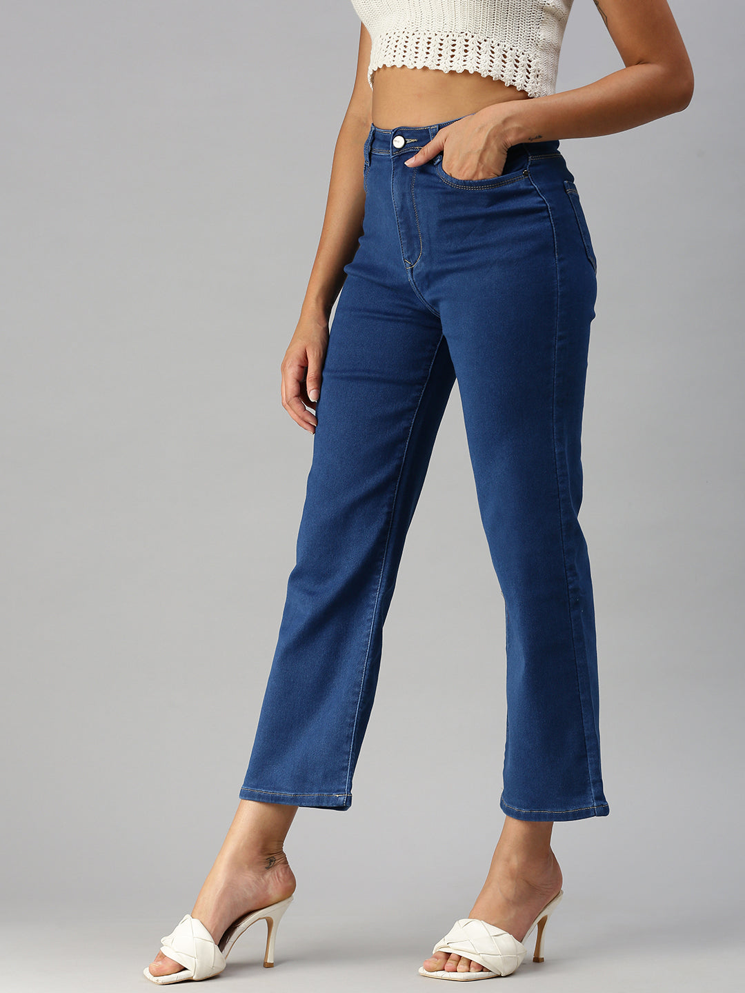 Women Solid Blue Wide Leg Jeans