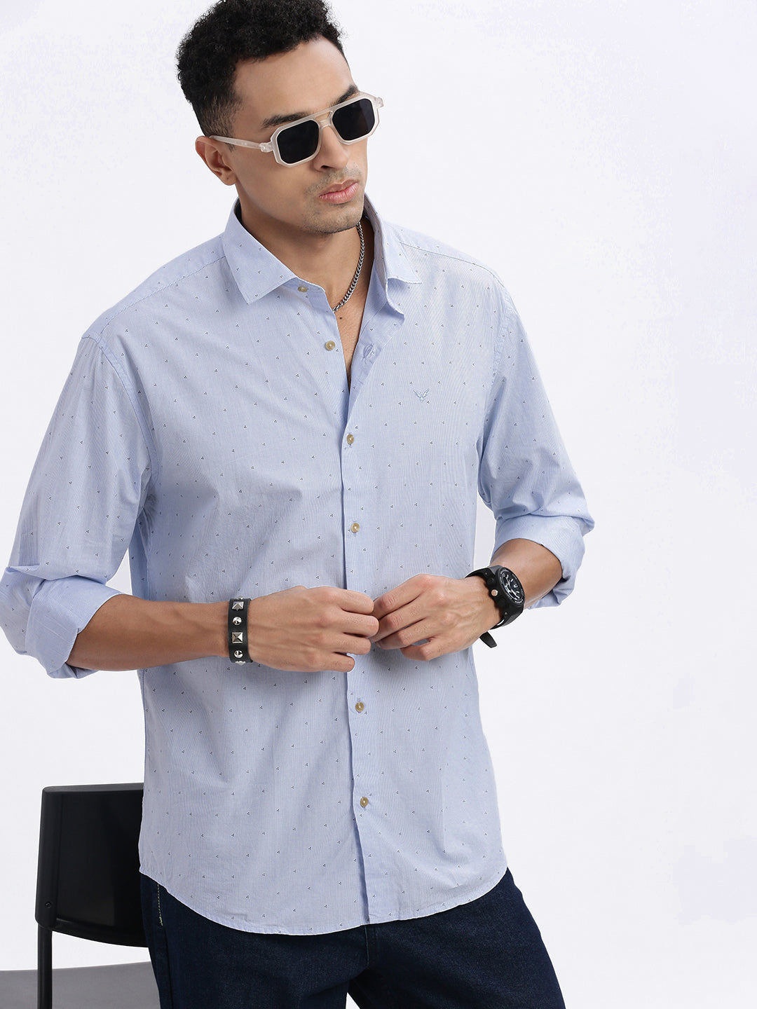 Men Blue Micro Print Slim Fit Shirt