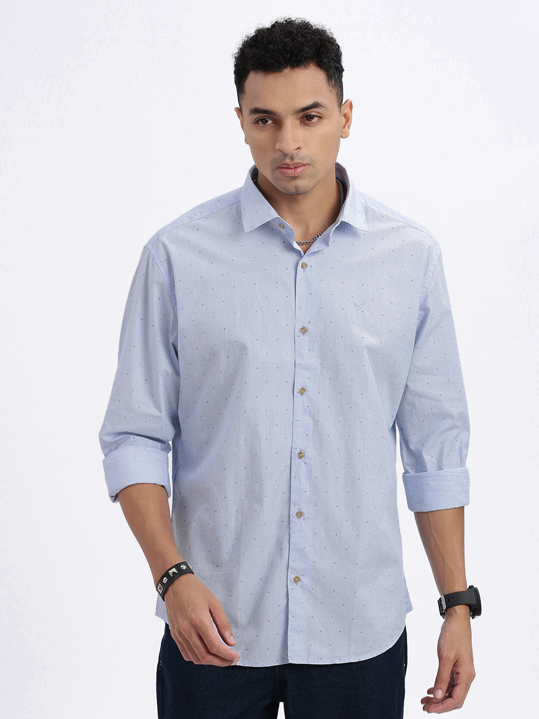 Men Blue Micro Print Slim Fit Shirt