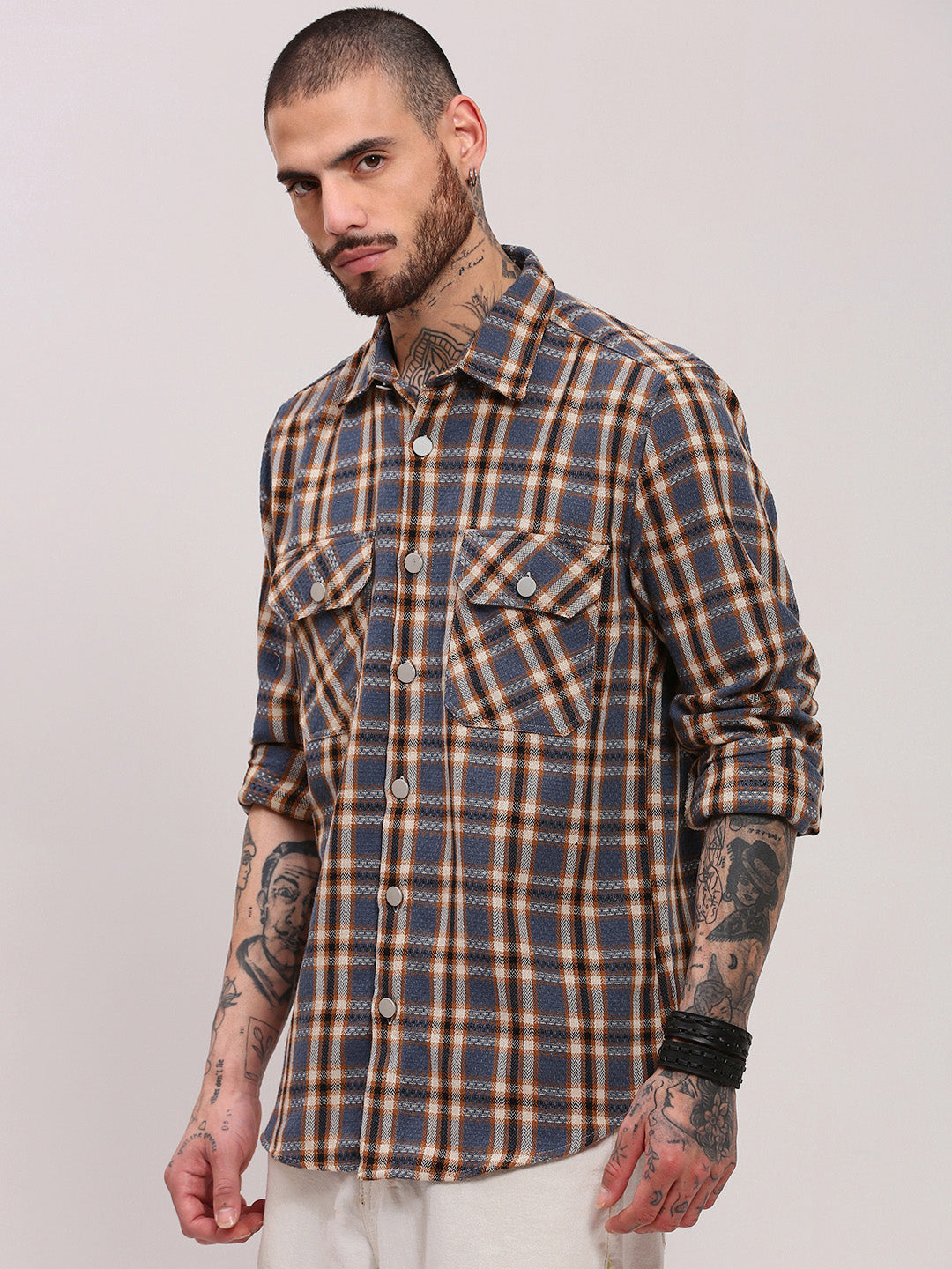 Men Grey Checked Shacket