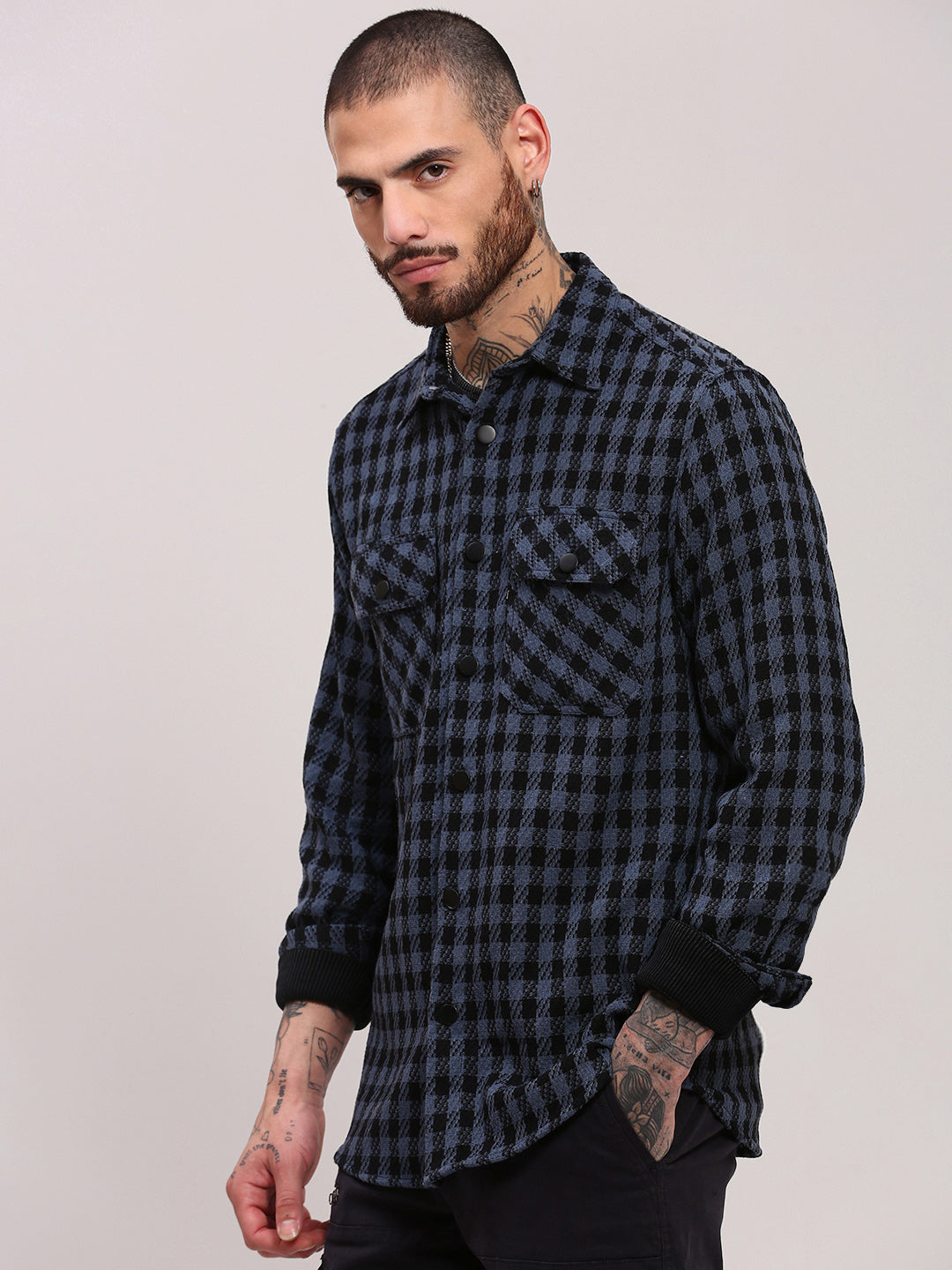 Men Navy Blue Checked Shacket