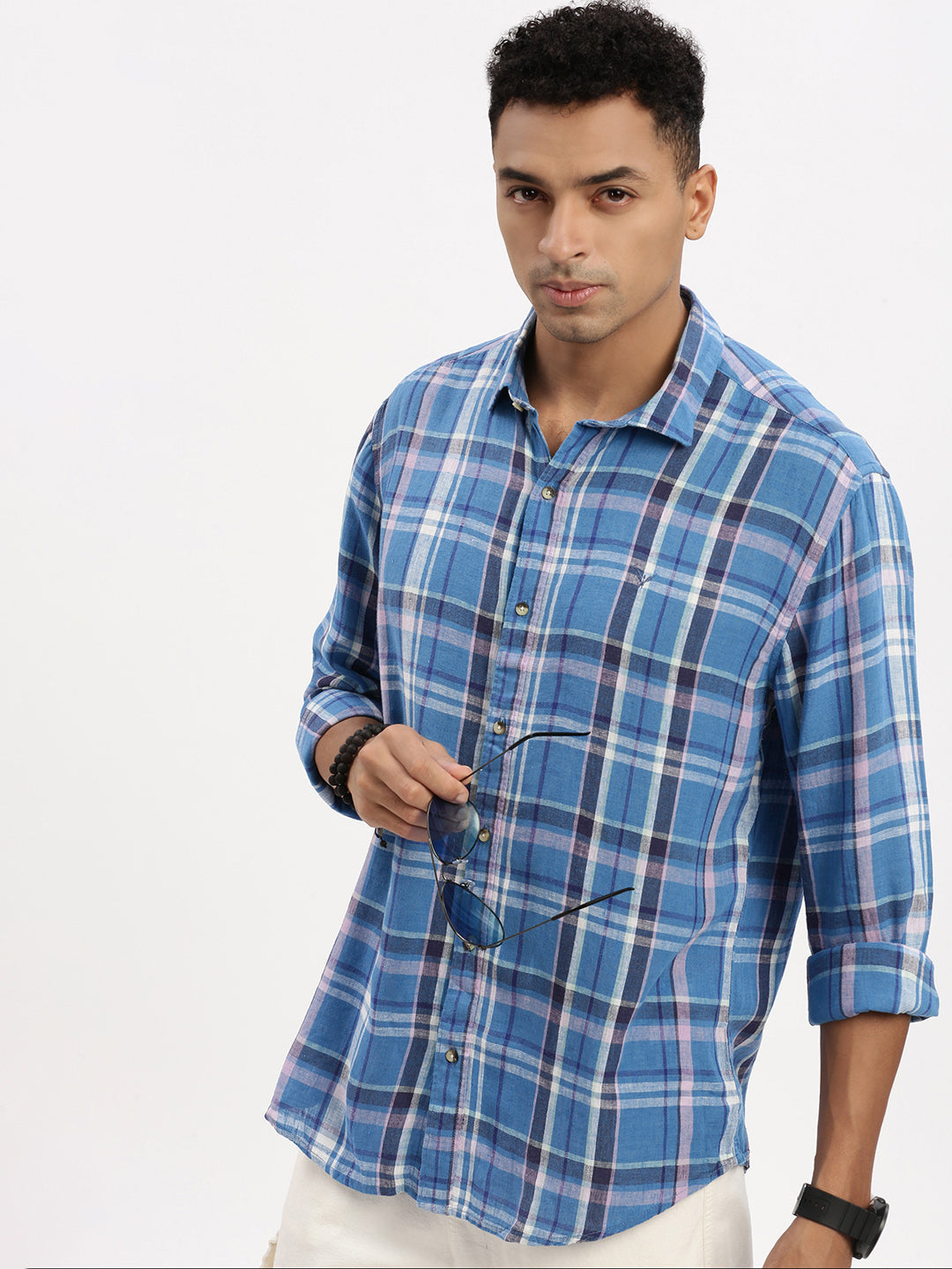 Men Blue Checked Slim Fit Shirt