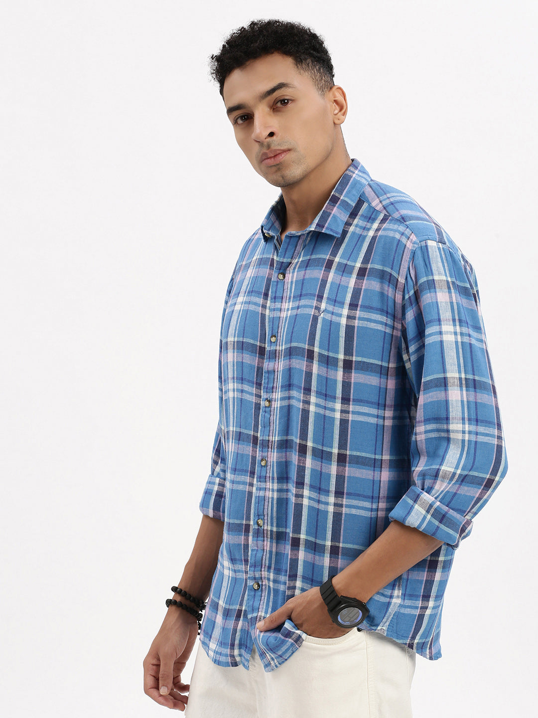 Men Blue Checked Slim Fit Shirt