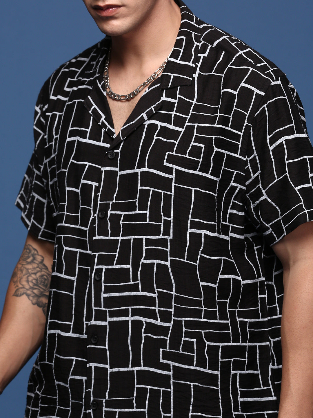 Men Printed Cuban Collar Black Relaxed Fit Co-Ords Set