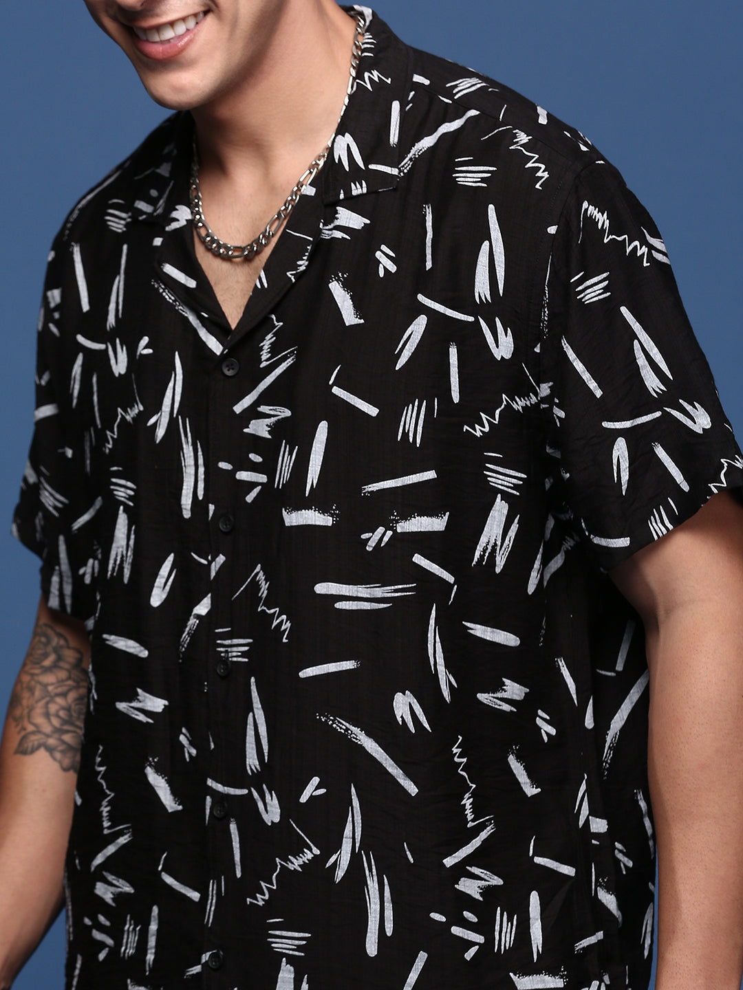 Men Printed Cuban Collar Black Relaxed Fit Co-Ords Set