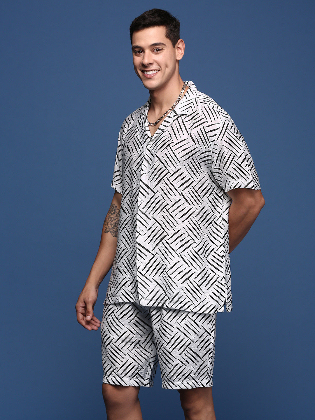 Men Printed Cuban Collar White Relaxed Fit Co-Ords Set