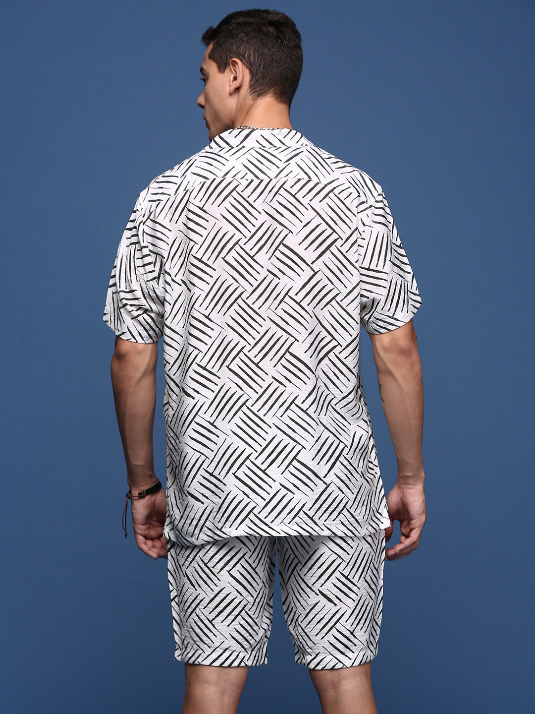 Men Printed Cuban Collar White Relaxed Fit Co-Ords Set