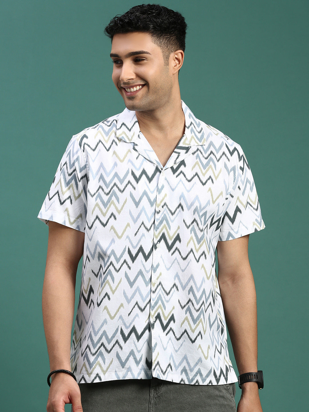 Men Cuban Collar Abstract White Relaxed Fit Shirt