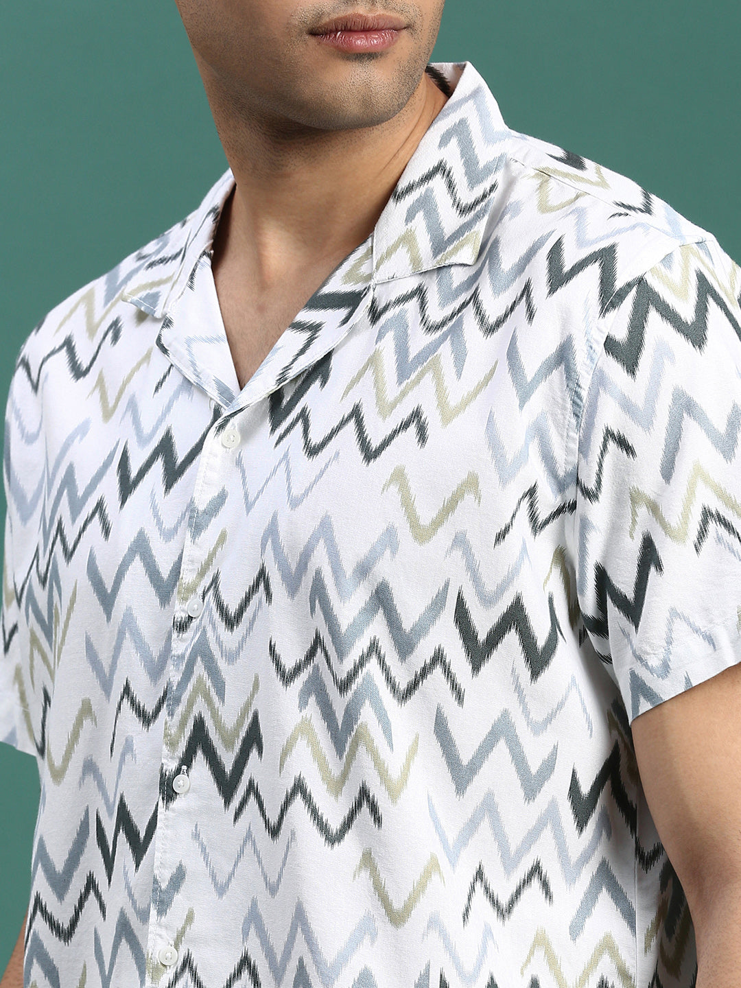 Men Cuban Collar Abstract White Relaxed Fit Shirt