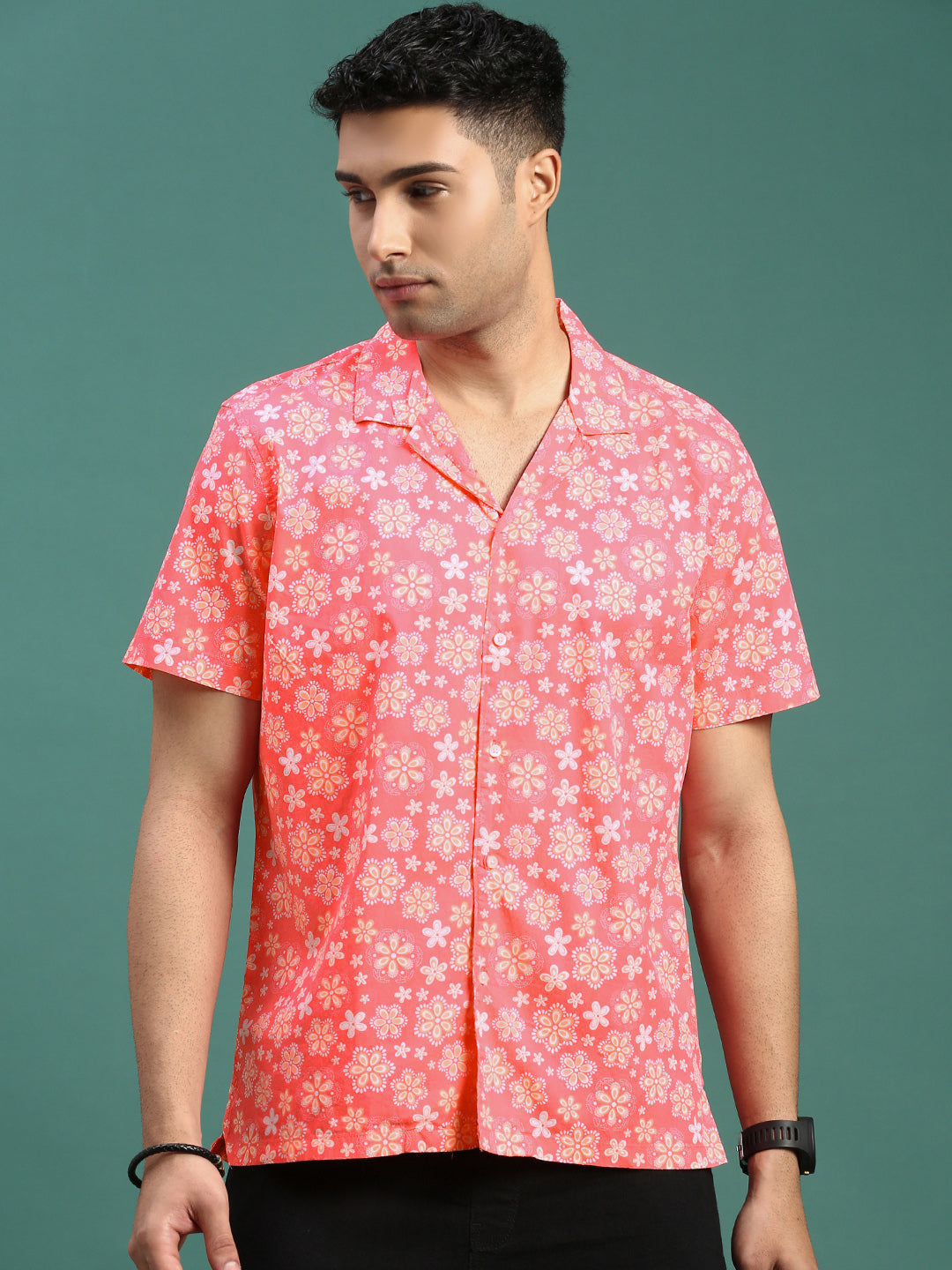 Men Cuban Collar Floral Coral Relaxed Fit Shirt