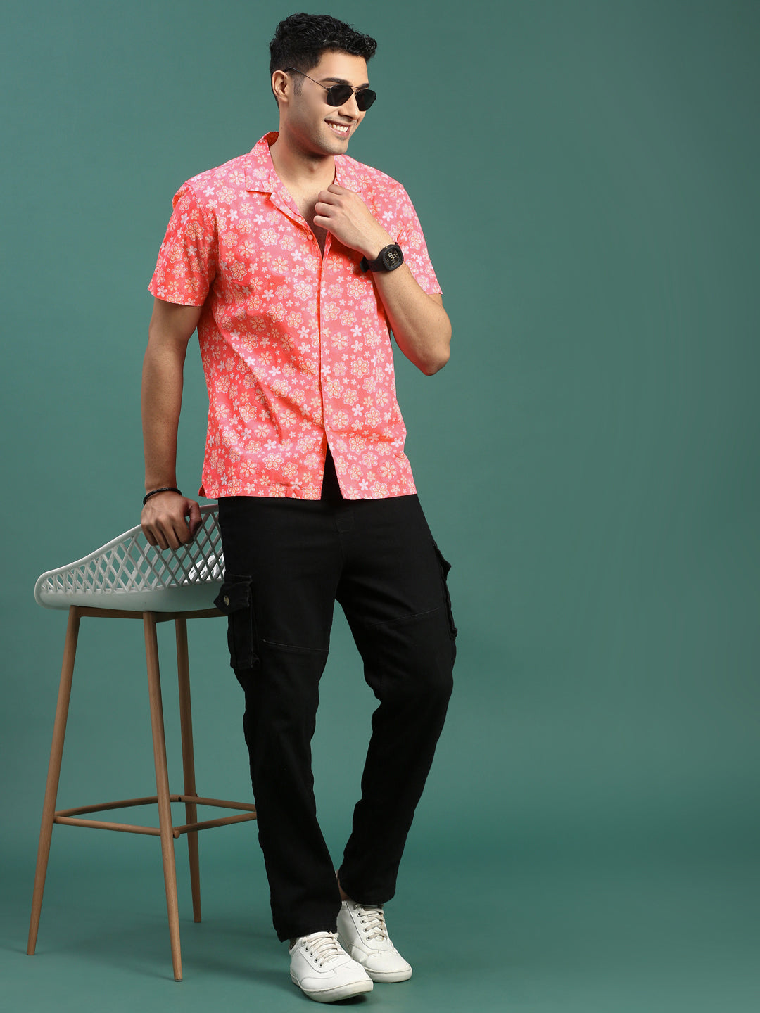 Men Cuban Collar Floral Coral Relaxed Fit Shirt
