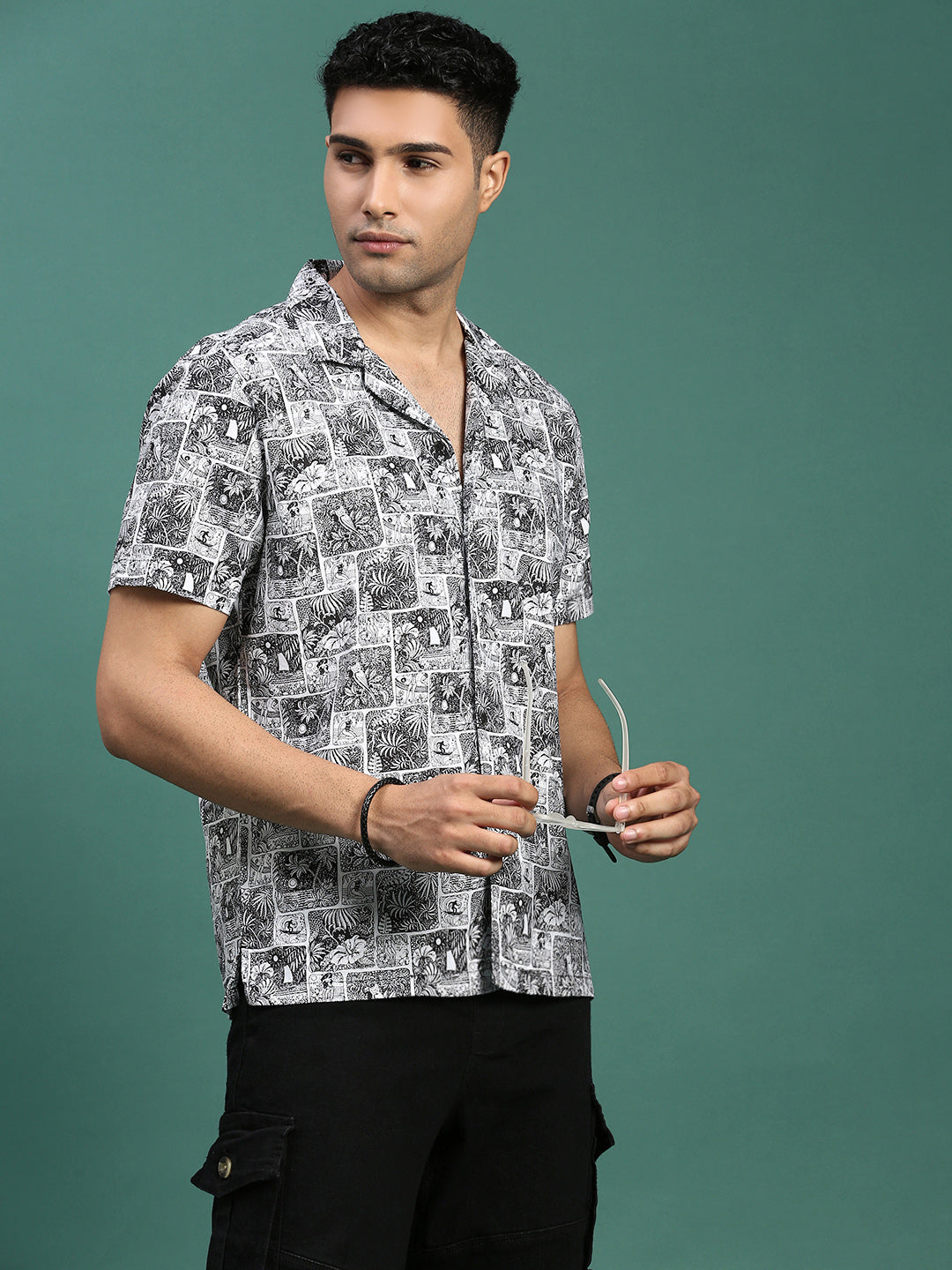 Men Cuban Collar Abstract Black Relaxed Fit Shirt