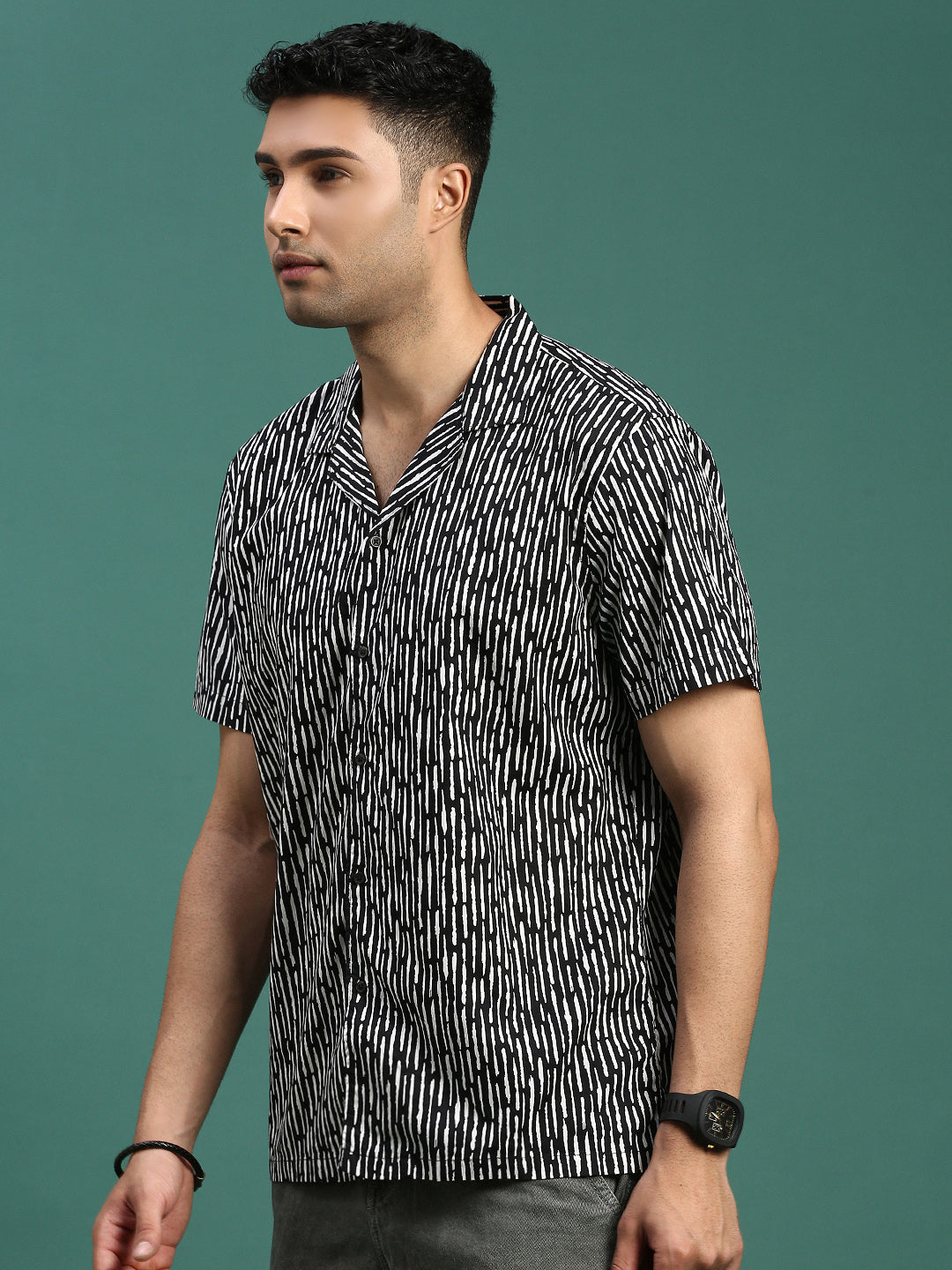 Men Cuban Collar Abstract Black Relaxed Fit Shirt