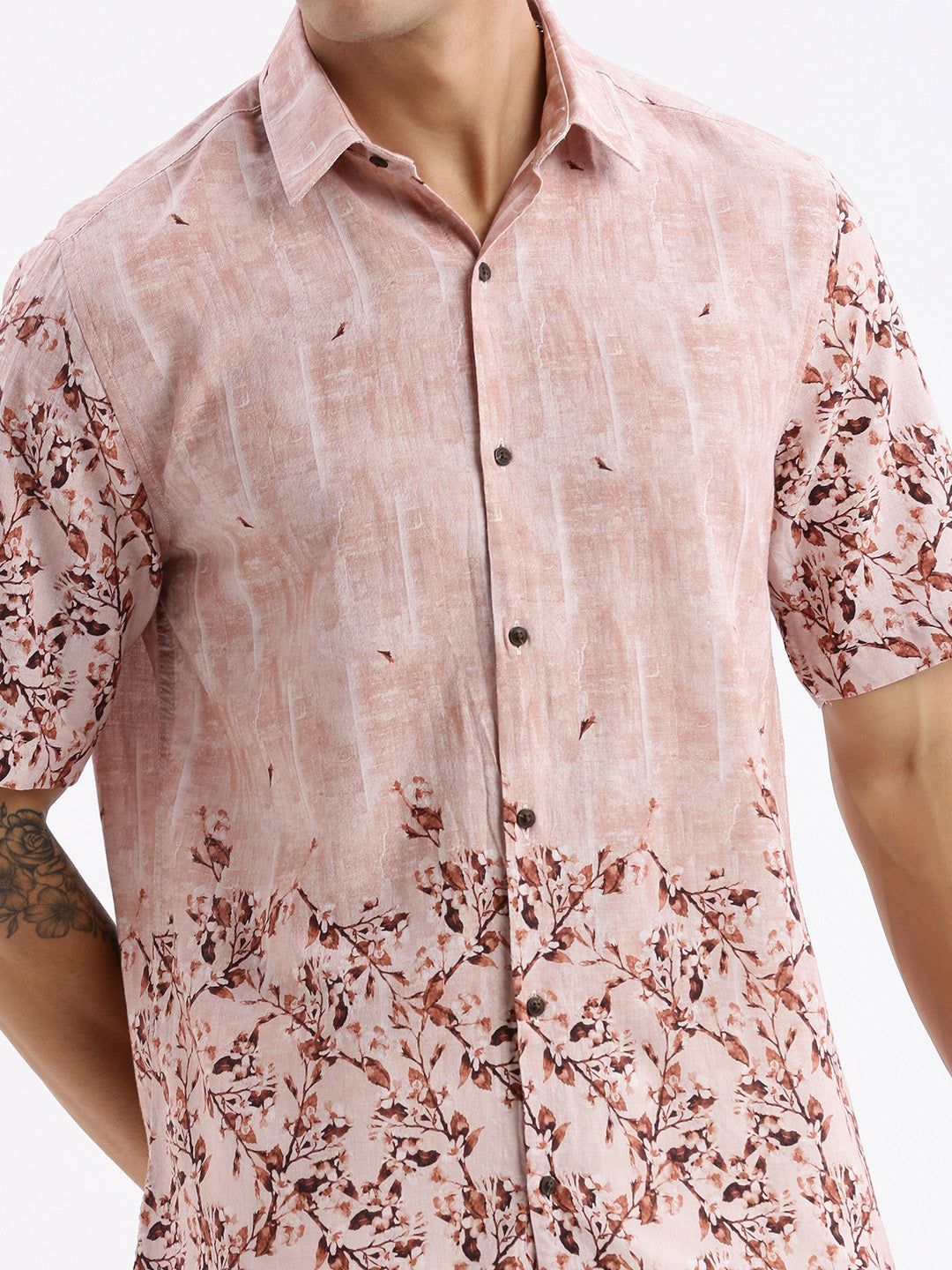 Men Spread Collar Floral Slim Fit Peach Shirt