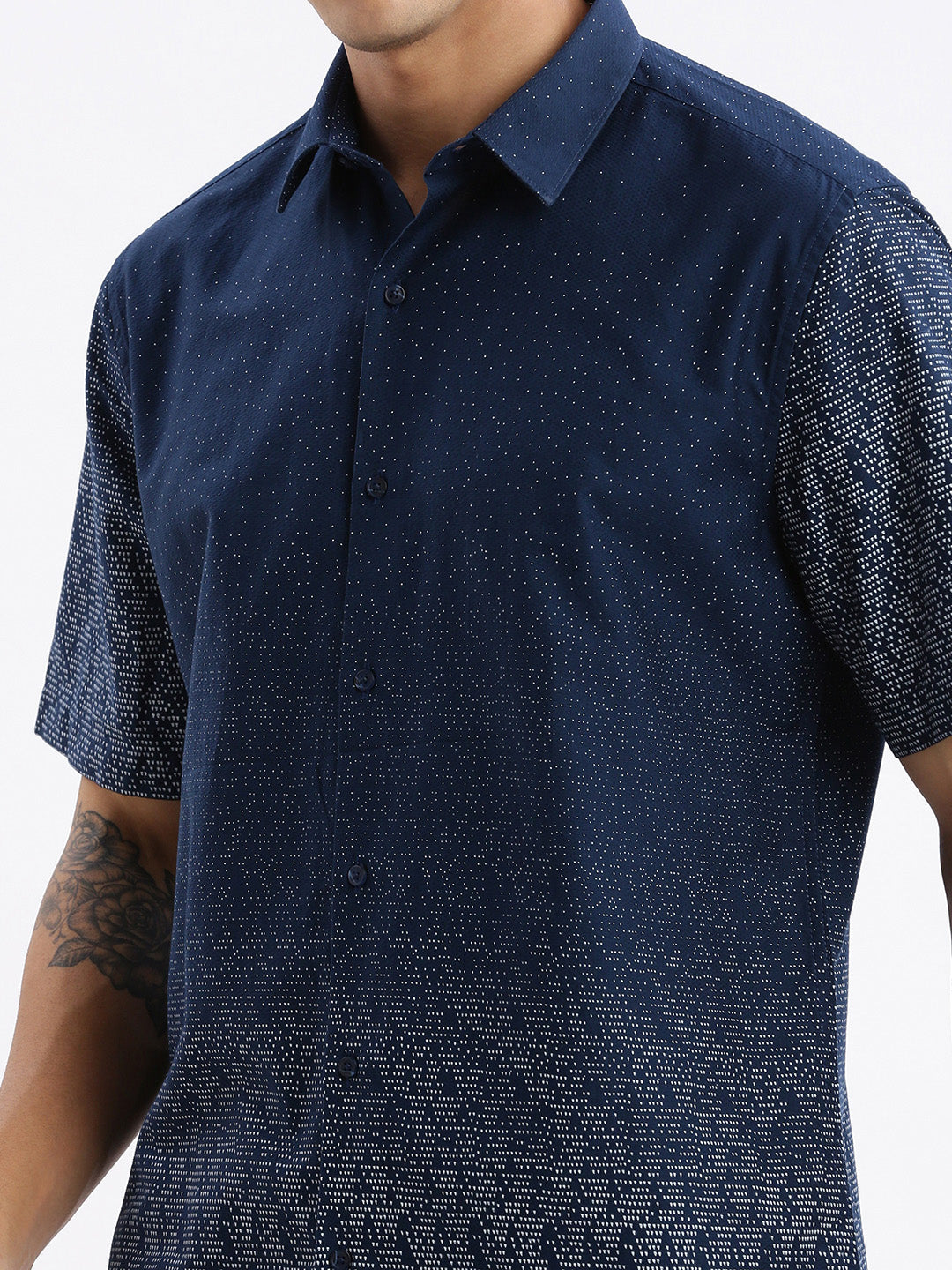 Men Spread Collar Printed Slim Fit Navy Blue Shirt