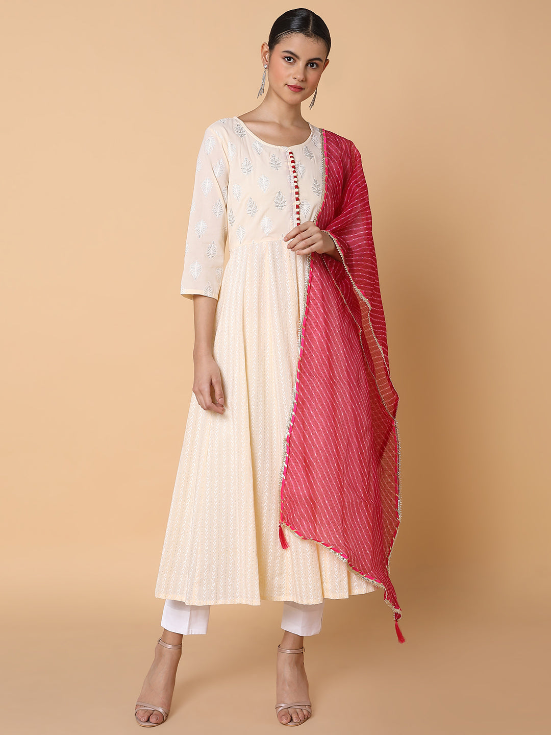 Women Ethnic Motifs Cream Anarkali Kurta with Duppatta